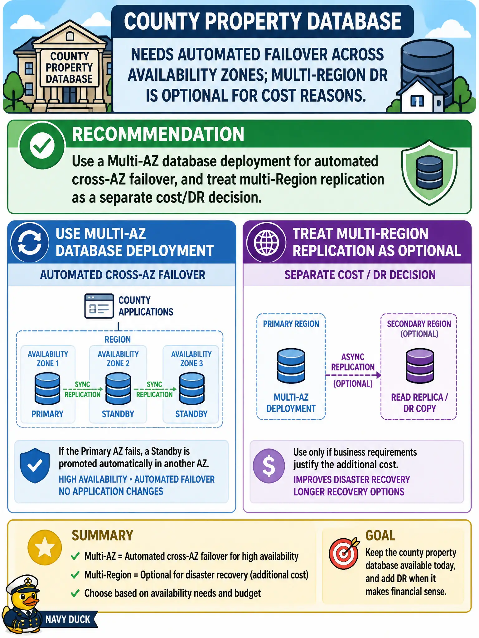To Create an exciting colorful infographic that explains the concepts in the question: Question: A county property database needs automated failover across Availability Zones; multi-Region DR is optional for cost reasons. Which recommendation fits? Correct Answer: Use a Multi-AZ database deployment for automated cross-AZ failover, and treat multi-Region replication as a separate cost/DR decision. Put EVERY visible label in double quotes. No people. No A/B/C/D letters. In one of the four corners put a little "Navy Duck".