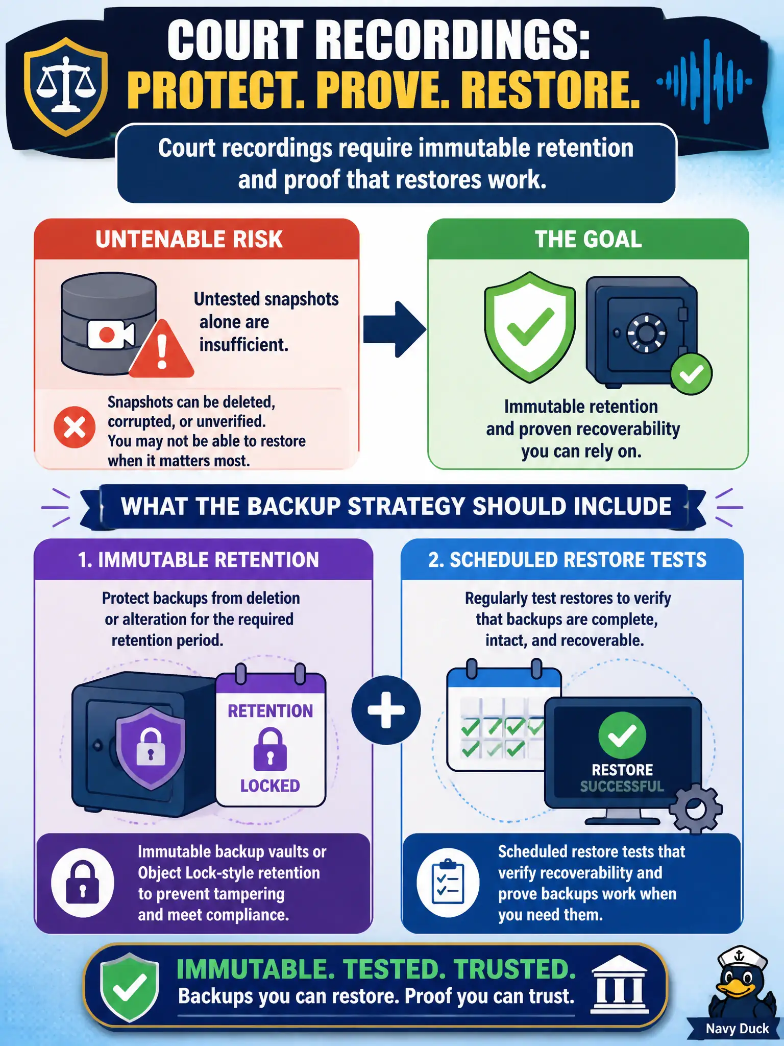 To Create an exciting colorful infographic that explains the concepts in the question: Question: Court recordings require immutable retention and proof that restores work. Untested snapshots alone are insufficient. What should the backup strategy include? Correct Answer: Immutable backup vaults or Object Lock-style retention plus scheduled restore tests that verify recoverability. Put EVERY visible label in double quotes. No people. No A/B/C/D letters. In one of the four corners put a little "Navy Duck".