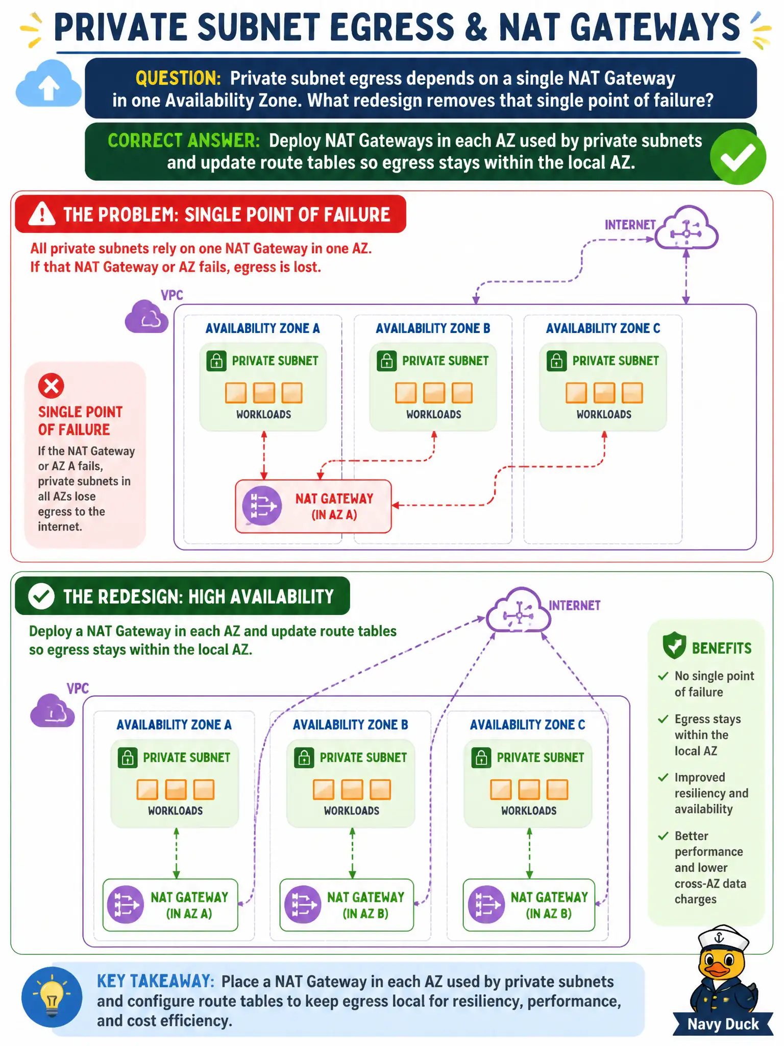To Create an exciting colorful infographic that explains the concepts in the question: Question: Private subnet egress depends on a single NAT Gateway in one Availability Zone. What redesign removes that single point of failure? Correct Answer: Deploy NAT Gateways in each AZ used by private subnets and update route tables so egress stays within the local AZ. Put EVERY visible label in double quotes. No people. No A/B/C/D letters. In one of the four corners put a little "Navy Duck".