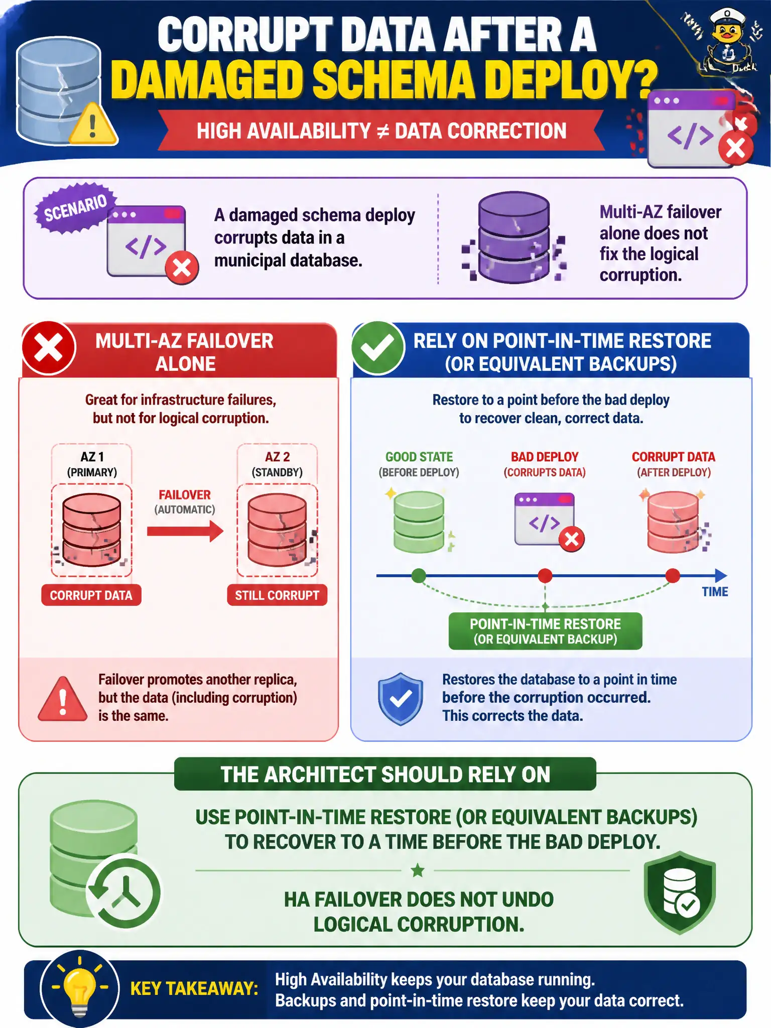 To Create an exciting colorful infographic that explains the concepts in the question: Question: A damaged schema deploy corrupts data in a municipal database. Multi-AZ failover alone does not fix the logical corruption. What should the architect rely on? Correct Answer: Use point-in-time restore (or equivalent backups) to recover to a time before the bad deploy; HA failover does not undo logical corruption. Put EVERY visible label in double quotes. No people. No A/B/C/D letters. In one of the four corners put a little "Navy Duck".