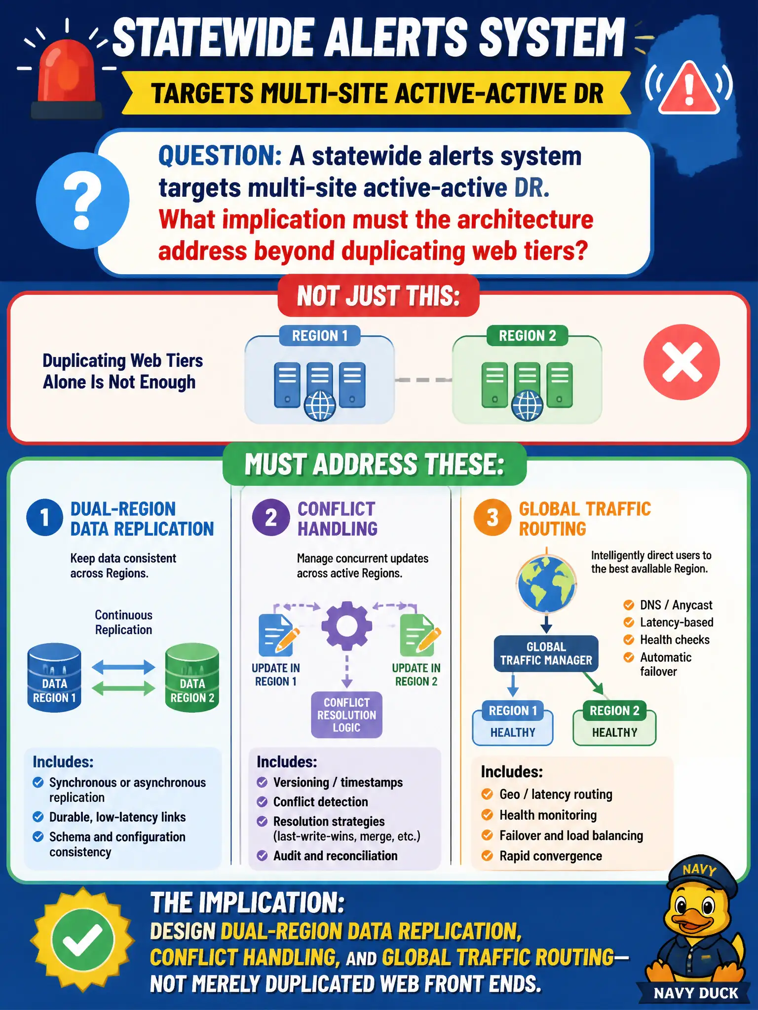 To Create an exciting colorful infographic that explains the concepts in the question: Question: A statewide alerts system targets multi-site active-active DR. What implication must the architecture address beyond duplicating web tiers? Correct Answer: Design dual-Region data replication, conflict handling, and global traffic routing—not merely duplicated web front ends. Put EVERY visible label in double quotes. No people. No A/B/C/D letters. In one of the four corners put a little "Navy Duck".