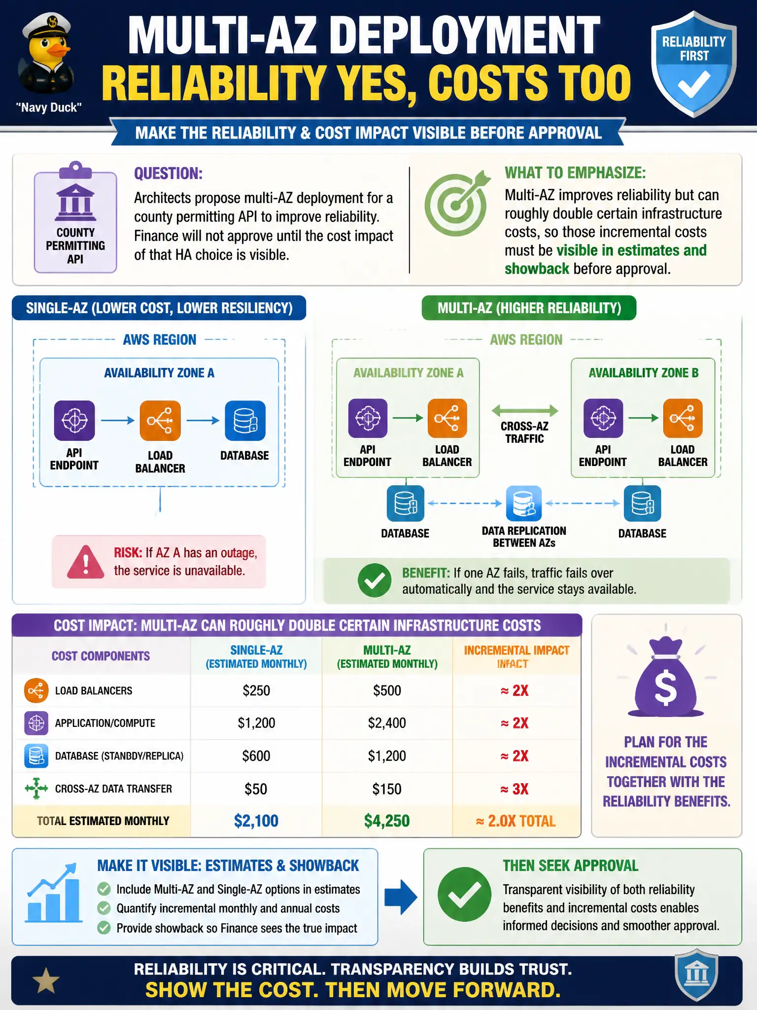 To Create an exciting colorful infographic that explains the concepts in the question: Question: Architects propose multi-AZ deployment for a county permitting API to improve reliability. Finance will not approve until the cost impact of that HA choice is visible. What should the solutions architect emphasize before approval? Correct Answer: Multi-AZ improves reliability but can roughly double certain infrastructure costs, so those incremental costs must be visible in estimates and showback before approval. Put EVERY visible label in double quotes. No people. No A/B/C/D letters. In one of the four corners put a little "Navy Duck".
