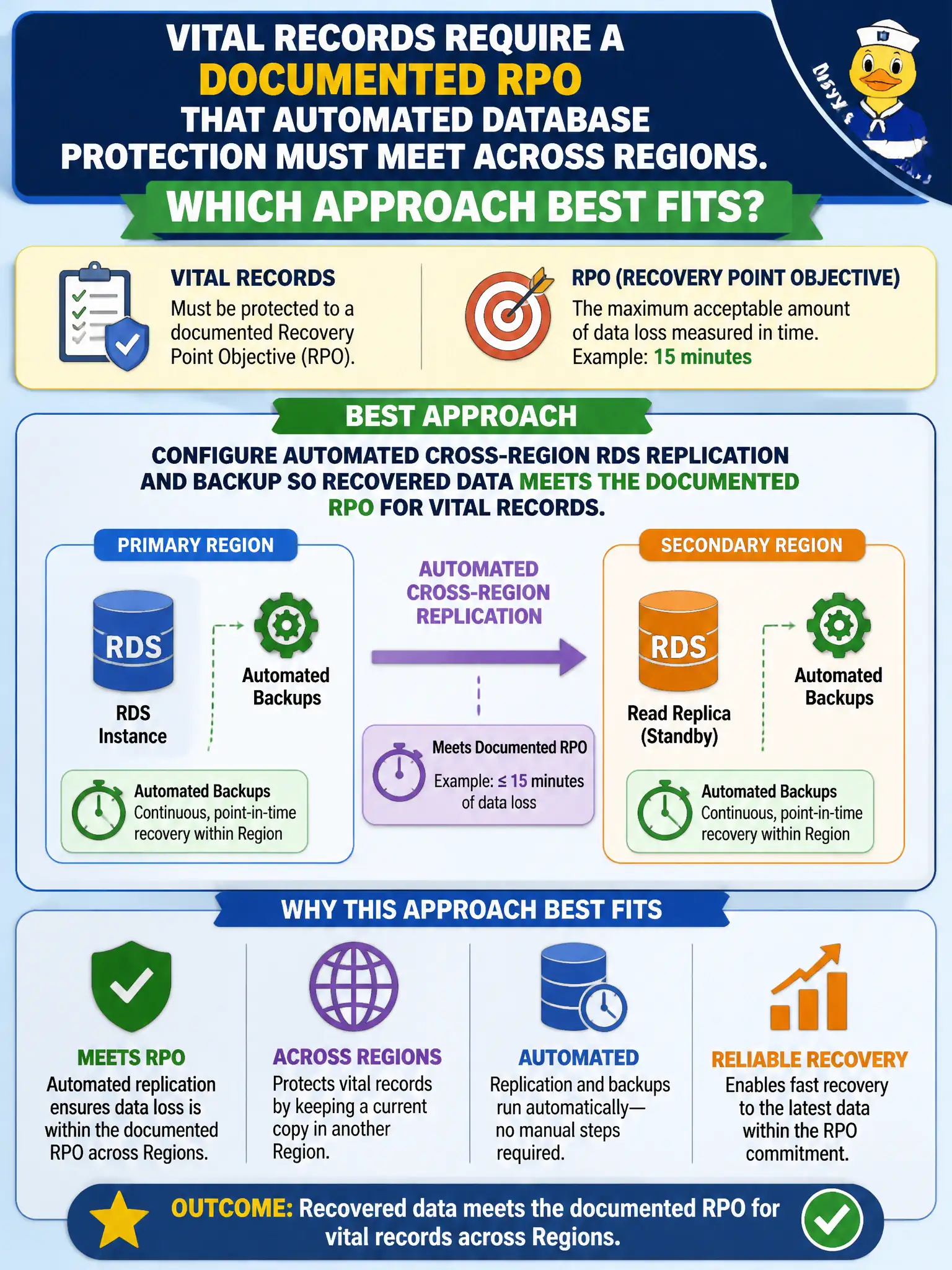 To Create an exciting colorful infographic that explains the concepts in the question: Question: Vital records require a documented RPO that automated database protection must meet across Regions. Which approach best fits? Correct Answer: Configure automated cross-Region RDS replication and backup so recovered data meets the documented RPO for vital records. Put EVERY visible label in double quotes. No people. No A/B/C/D letters. In one of the four corners put a little "Navy Duck".