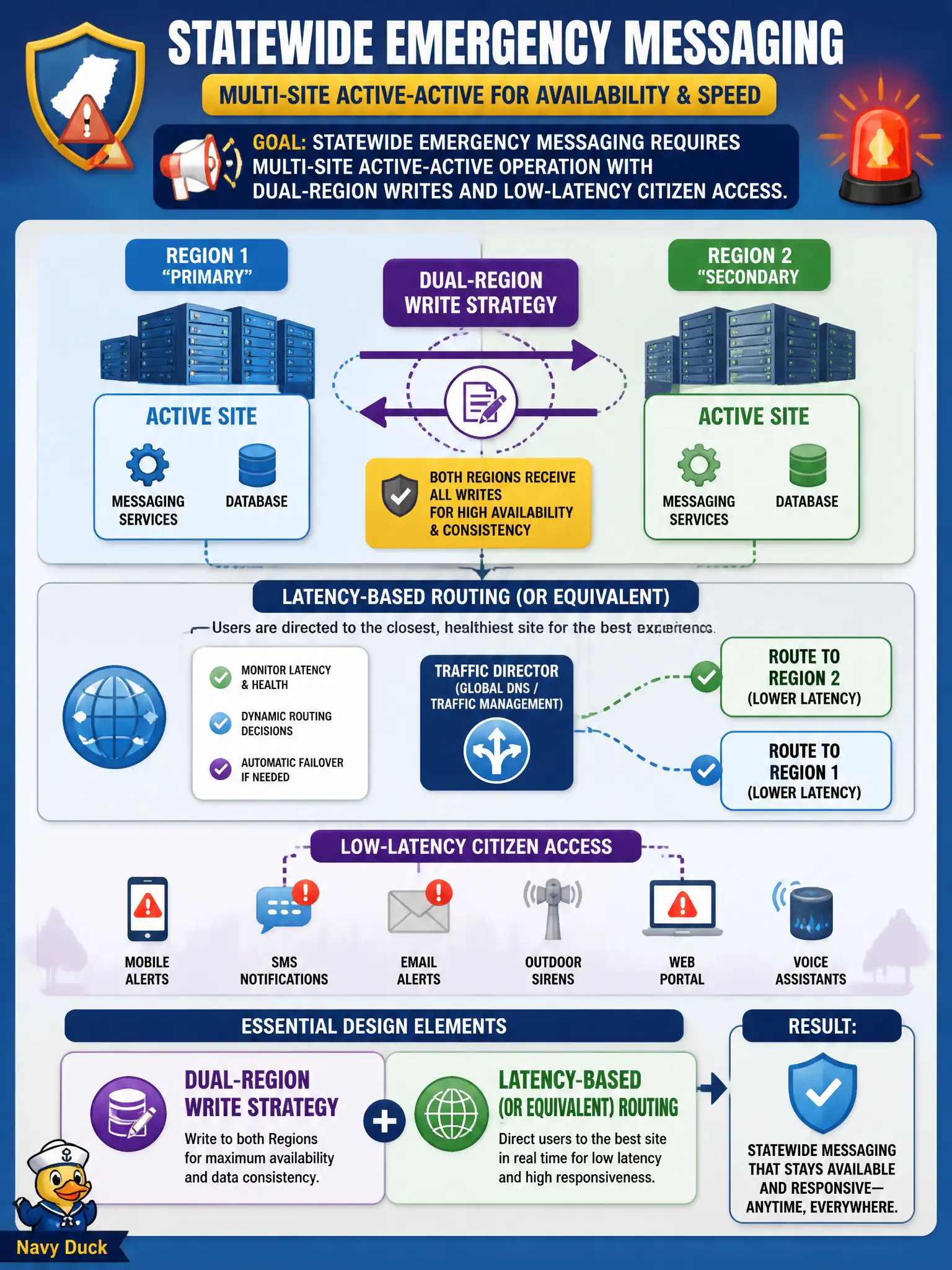 To Create an exciting colorful infographic that explains the concepts in the question: Question: Statewide emergency messaging requires multi-site active-active operation with dual-Region writes and low-latency citizen access. Which design elements are essential? Correct Answer: A dual-Region write strategy plus latency-based (or equivalent) routing so multi-site active-active messaging stays available and responsive. Put EVERY visible label in double quotes. No people. No A/B/C/D letters. In one of the four corners put a little "Navy Duck".