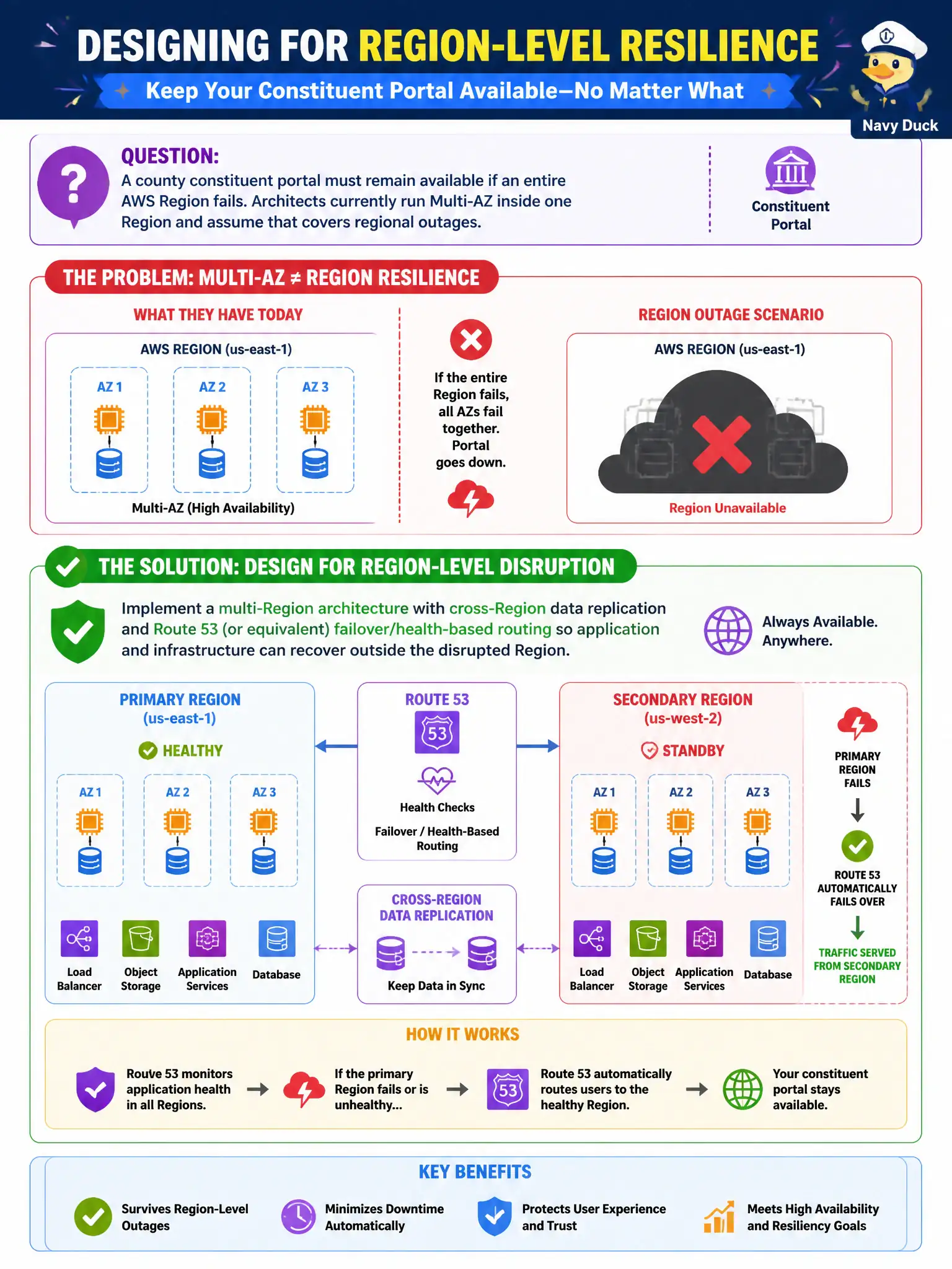 To Create an exciting colorful infographic that explains the concepts in the question: Question: A county constituent portal must remain available if an entire AWS Region fails. Architects currently run Multi-AZ inside one Region and assume that covers regional outages. What should they redesign for Region-level disruption? Correct Answer: Implement a multi-Region architecture with cross-Region data replication and Route 53 (or equivalent) failover/health-based routing so application and infrastructure can recover outside the disrupted Region. Put EVERY visible label in double quotes. No people. No A/B/C/D letters. In one of the four corners put a little "Navy Duck".