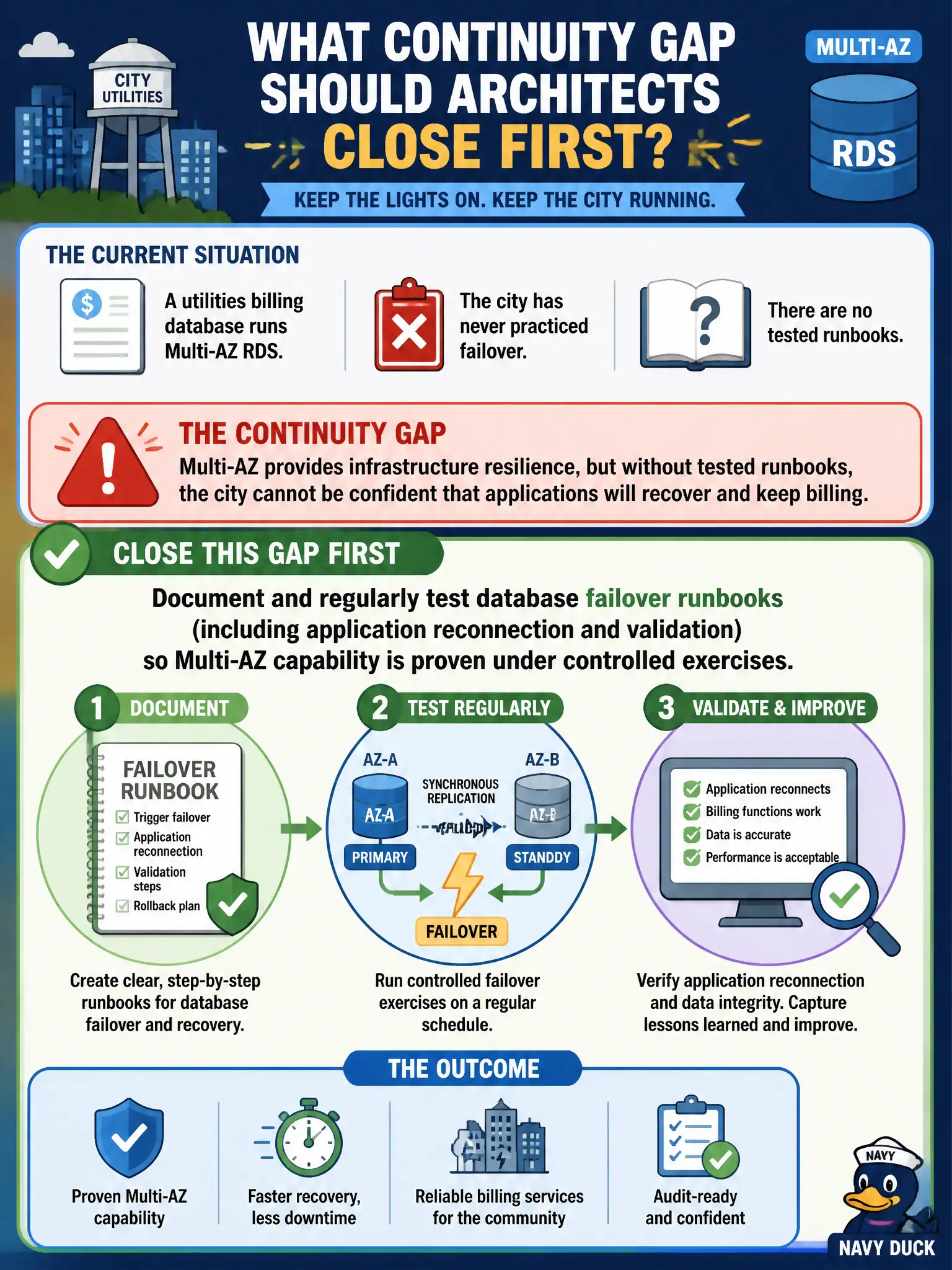 To Create an exciting colorful infographic that explains the concepts in the question: Question: A utilities billing database runs Multi-AZ RDS, but the city has never practiced failover and has no tested runbooks. What continuity gap should architects close first? Correct Answer: Document and regularly test database failover runbooks (including application reconnection and validation) so Multi-AZ capability is proven under controlled exercises. Put EVERY visible label in double quotes. No people. No A/B/C/D letters. In one of the four corners put a little "Navy Duck".