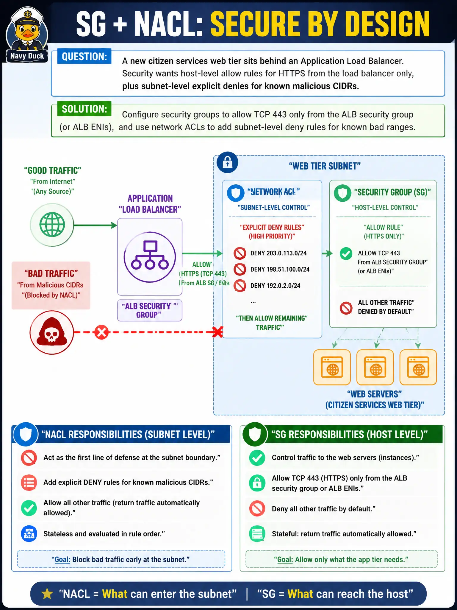 To Create an exciting colorful infographic that explains the concepts in the question: Question: A new citizen services web tier sits behind an Application Load Balancer. Security wants host-level allow rules for HTTPS from the load balancer only, plus subnet-level explicit denies for known malicious CIDRs. How should SG and NACL responsibilities be split? Correct Answer: Configure security groups to allow TCP 443 only from the ALB security group (or ALB ENIs), and use network ACLs to add subnet-level deny rules for known bad ranges. Put EVERY visible label in double quotes. No people. No A/B/C/D letters. In one of the four corners put a little "Navy Duck".