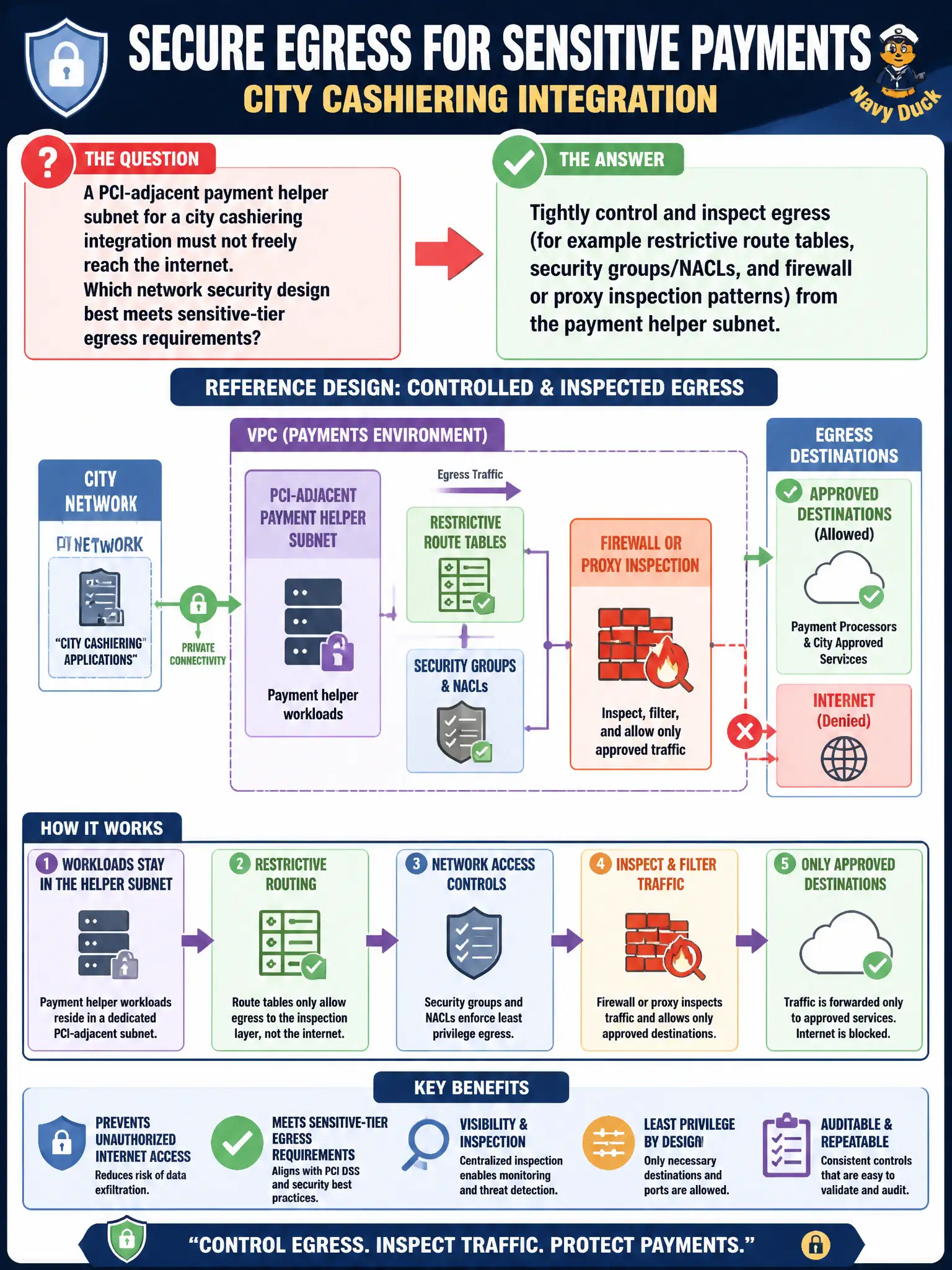 To Create an exciting colorful infographic that explains the concepts in the question: Question: A PCI-adjacent payment helper subnet for a city cashiering integration must not freely reach the internet. Which network security design best meets sensitive-tier egress requirements? Correct Answer: Tightly control and inspect egress (for example restrictive route tables, security groups/NACLs, and firewall or proxy inspection patterns) from the payment helper subnet. Put EVERY visible label in double quotes. No people. No A/B/C/D letters. In one of the four corners put a little "Navy Duck".