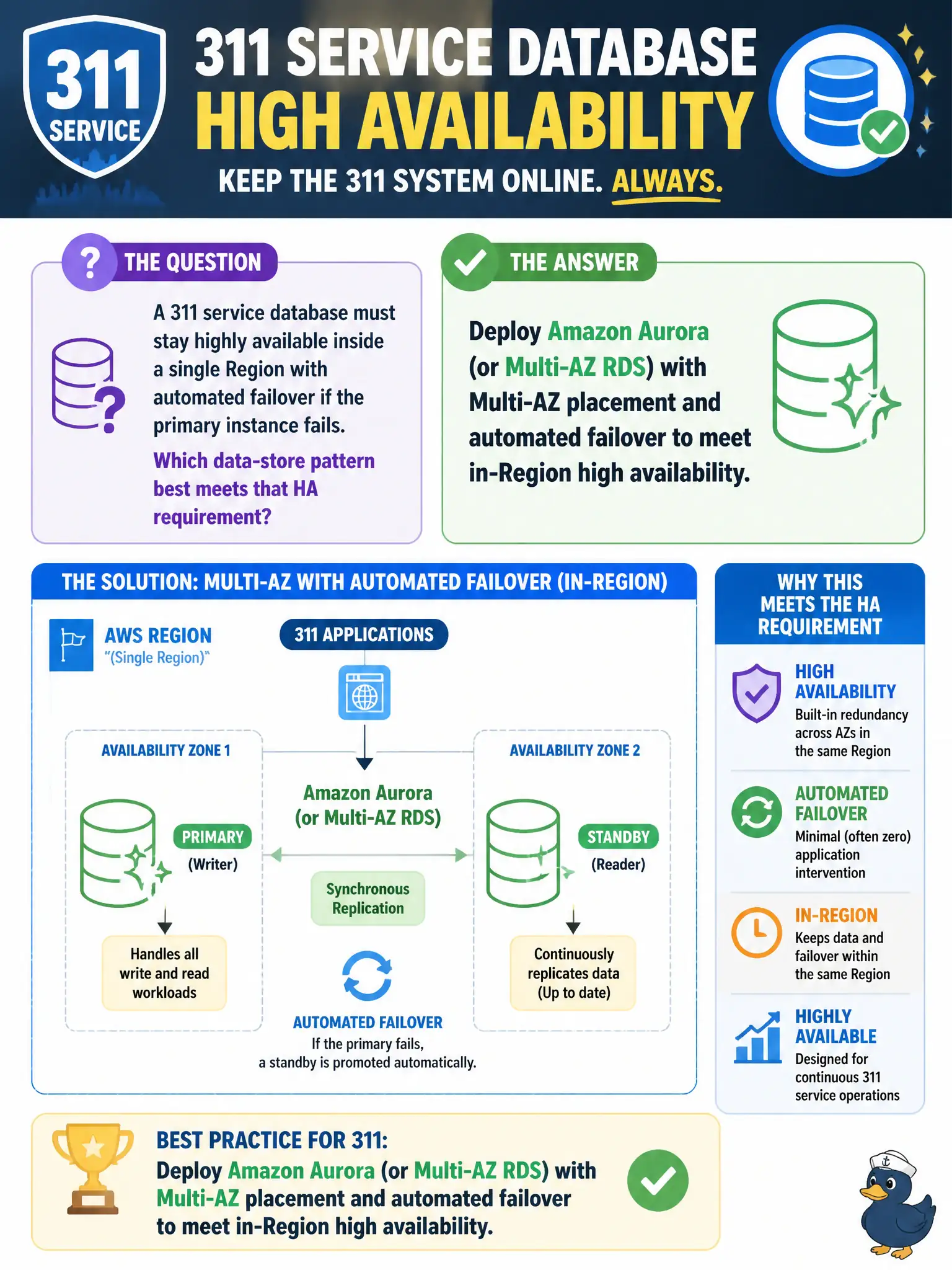 To Create an exciting colorful infographic that explains the concepts in the question: Question: A 311 service database must stay highly available inside a single Region with automated failover if the primary instance fails. Which data-store pattern best meets that HA requirement? Correct Answer: Deploy Amazon Aurora (or Multi-AZ RDS) with Multi-AZ placement and automated failover to meet in-Region high availability. Put EVERY visible label in double quotes. No people. No A/B/C/D letters. In one of the four corners put a little "Navy Duck".