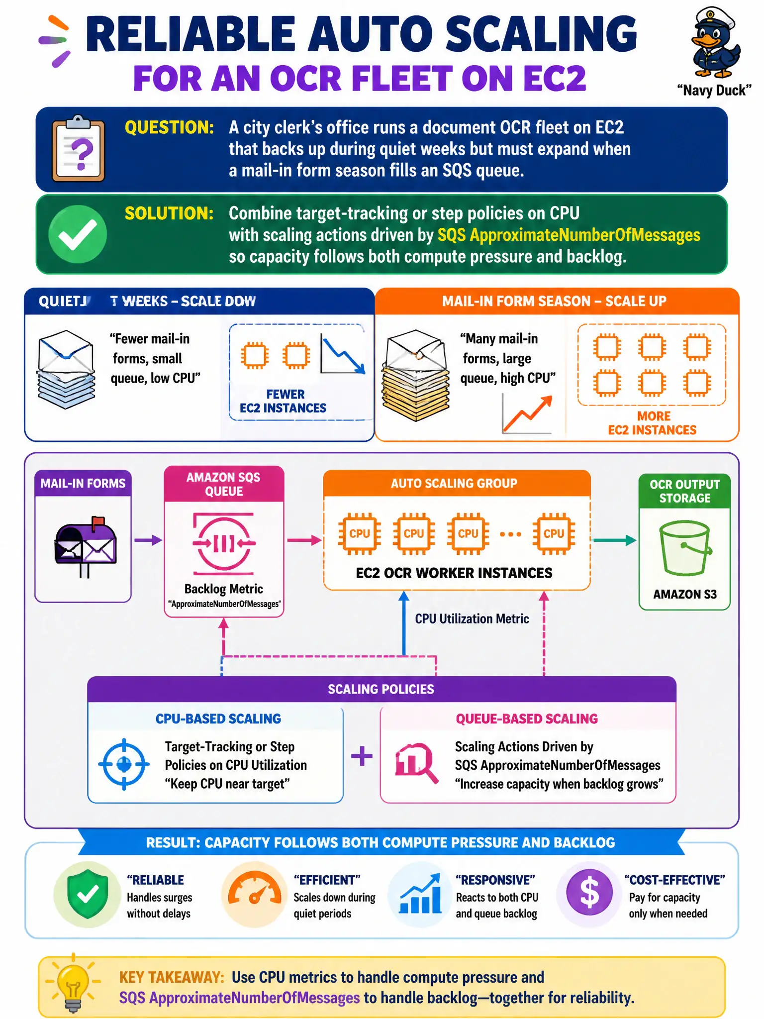 To Create an exciting colorful infographic that explains the concepts in the question: Question: A city clerk’s office runs a document OCR fleet on EC2 that backs up during quiet weeks but must expand when a mail-in form season fills an SQS queue. How should Auto Scaling be designed for reliability? Correct Answer: Combine target-tracking or step policies on CPU with scaling actions driven by SQS ApproximateNumberOfMessages so capacity follows both compute pressure and backlog Put EVERY visible label in double quotes. No people. No A/B/C/D letters. In one of the four corners put a little "Navy Duck".