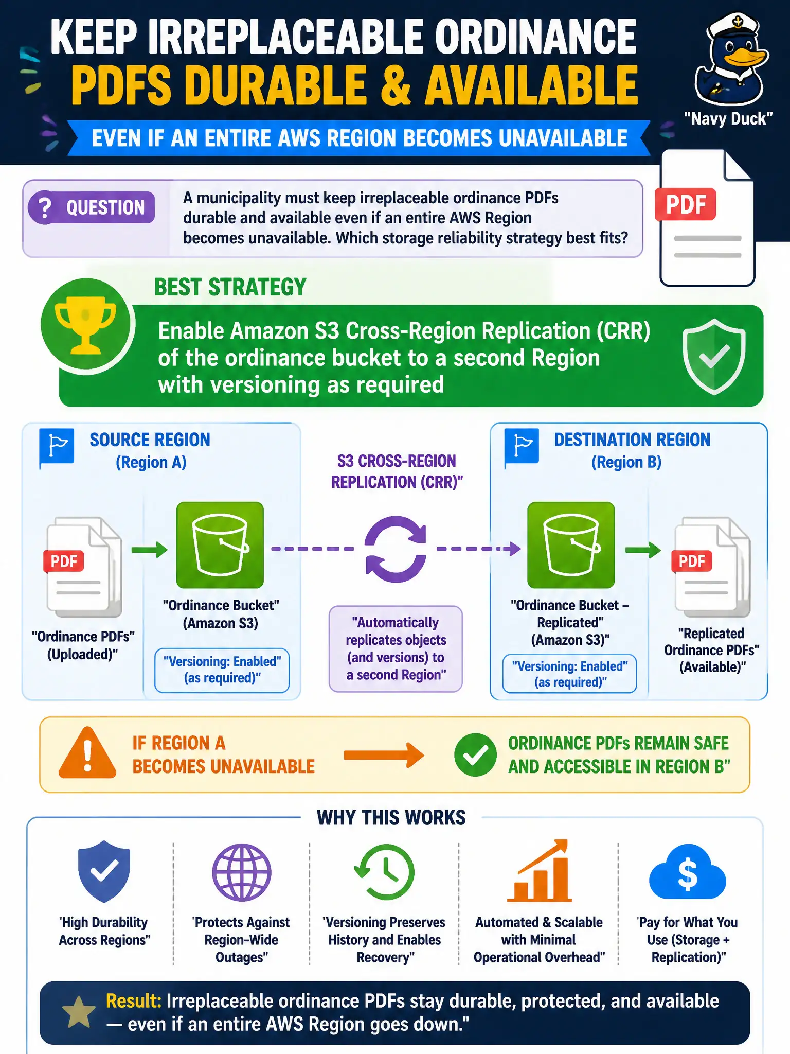 To Create an exciting colorful infographic that explains the concepts in the question: Question: A municipality must keep irreplaceable ordinance PDFs durable and available even if an entire AWS Region becomes unavailable. Which storage reliability strategy best fits? Correct Answer: Enable Amazon S3 Cross-Region Replication (CRR) of the ordinance bucket to a second Region with versioning as required Put EVERY visible label in double quotes. No people. No A/B/C/D letters. In one of the four corners put a little "Navy Duck".