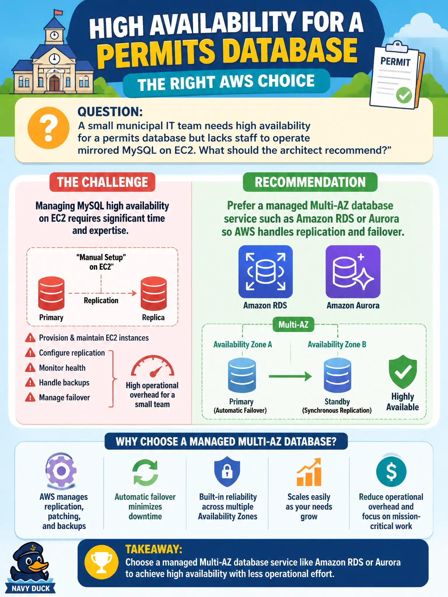 To Create an exciting colorful infographic that explains the concepts in the question: Question: A small municipal IT team needs high availability for a permits database but lacks staff to operate mirrored MySQL on EC2. What should the architect recommend? Correct Answer: Prefer a managed Multi-AZ database service such as Amazon RDS or Aurora so AWS handles replication and failover Put EVERY visible label in double quotes. No people. No A/B/C/D letters. In one of the four corners put a little "Navy Duck".