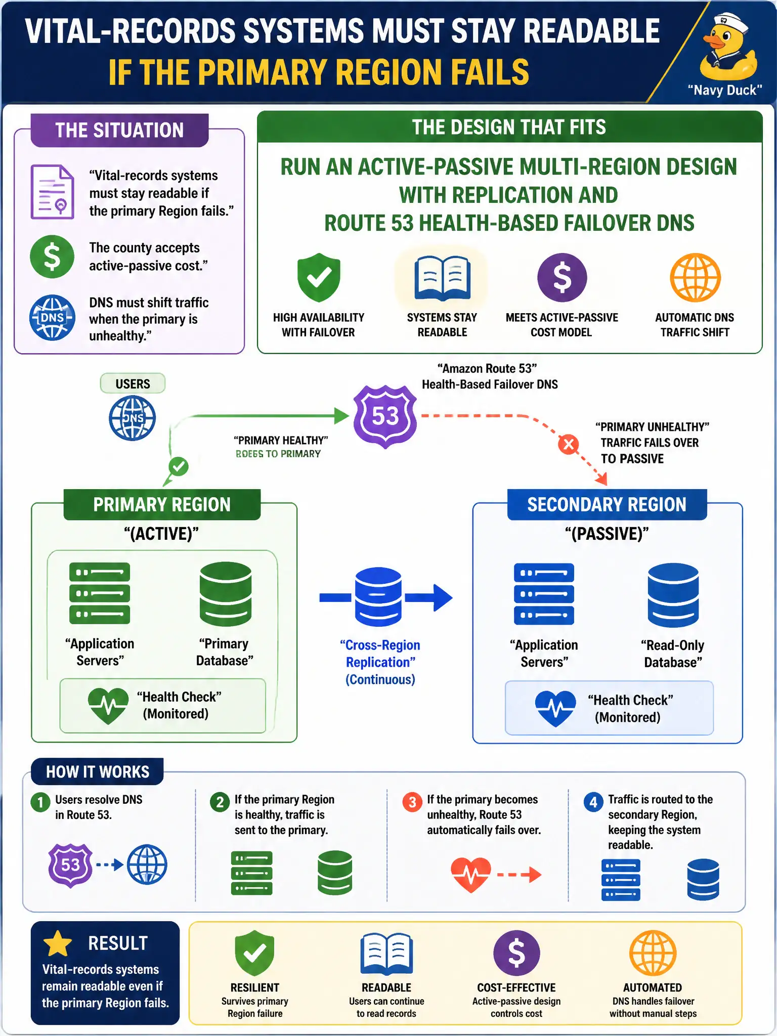 To Create an exciting colorful infographic that explains the concepts in the question: Question: Vital-records systems must stay readable if the primary Region fails. The county accepts active-passive cost and wants DNS to shift traffic when the primary is unhealthy. Which design fits? Correct Answer: Run an active-passive multi-Region design with replication and Route 53 health-based failover DNS Put EVERY visible label in double quotes. No people. No A/B/C/D letters. In one of the four corners put a little "Navy Duck".