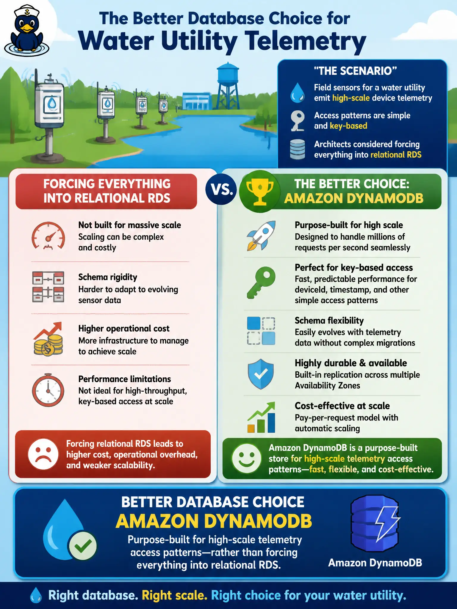 To Create an exciting colorful infographic that explains the concepts in the question: Question: Field sensors for a water utility emit high-scale device telemetry with simple key-based access patterns. Architects considered forcing everything into relational RDS. What is the better database choice? Correct Answer: Amazon DynamoDB as a purpose-built store for high-scale telemetry access patterns instead of forcing relational RDS Put EVERY visible label in double quotes. No people. No A/B/C/D letters. In one of the four corners put a little "Navy Duck".