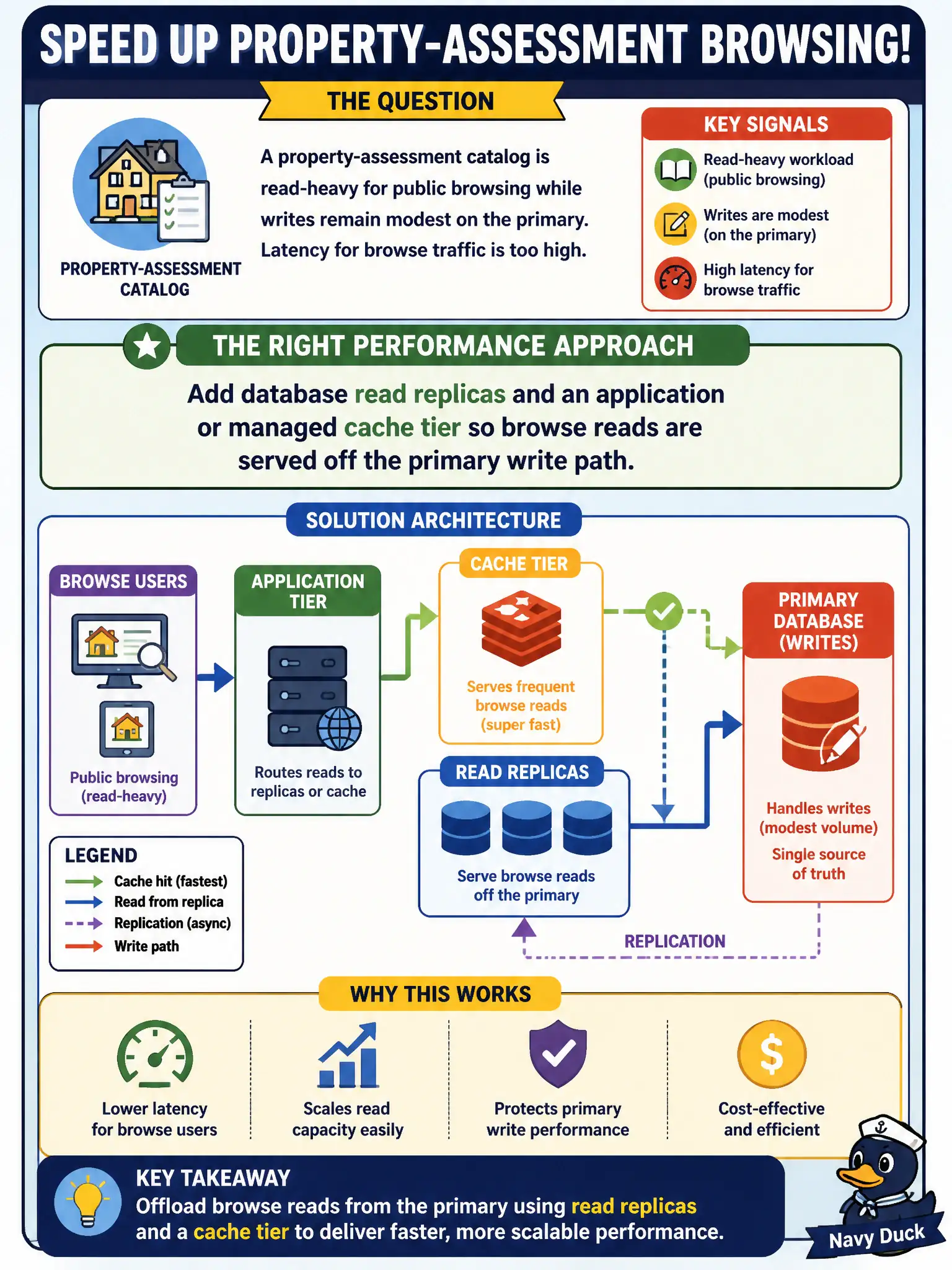 To Create an exciting colorful infographic that explains the concepts in the question: Question: A property-assessment catalog is read-heavy for public browsing while writes remain modest on the primary. Latency for browse traffic is too high. Which performance approach fits? Correct Answer: Add database read replicas and an application or managed cache tier so browse reads are served off the primary write path Put EVERY visible label in double quotes. No people. No A/B/C/D letters. In one of the four corners put a little "Navy Duck".