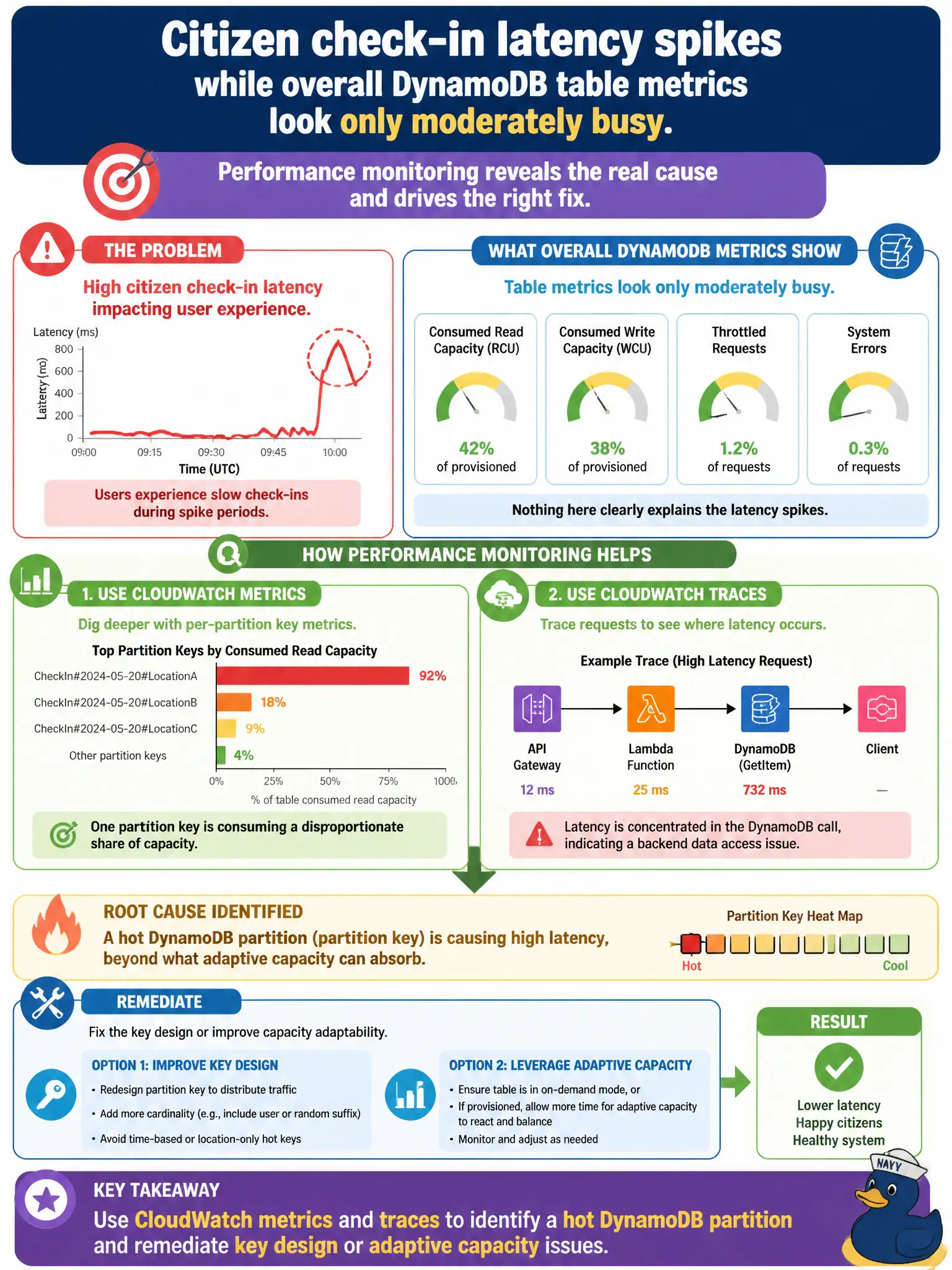 To Create an exciting colorful infographic that explains the concepts in the question: Question: Citizen check-in latency spikes while overall DynamoDB table metrics look only moderately busy. How should performance monitoring help? Correct Answer: Use CloudWatch metrics and traces to identify a hot DynamoDB partition and remediate key design or adaptive capacity issues Put EVERY visible label in double quotes. No people. No A/B/C/D letters. In one of the four corners put a little "Navy Duck".