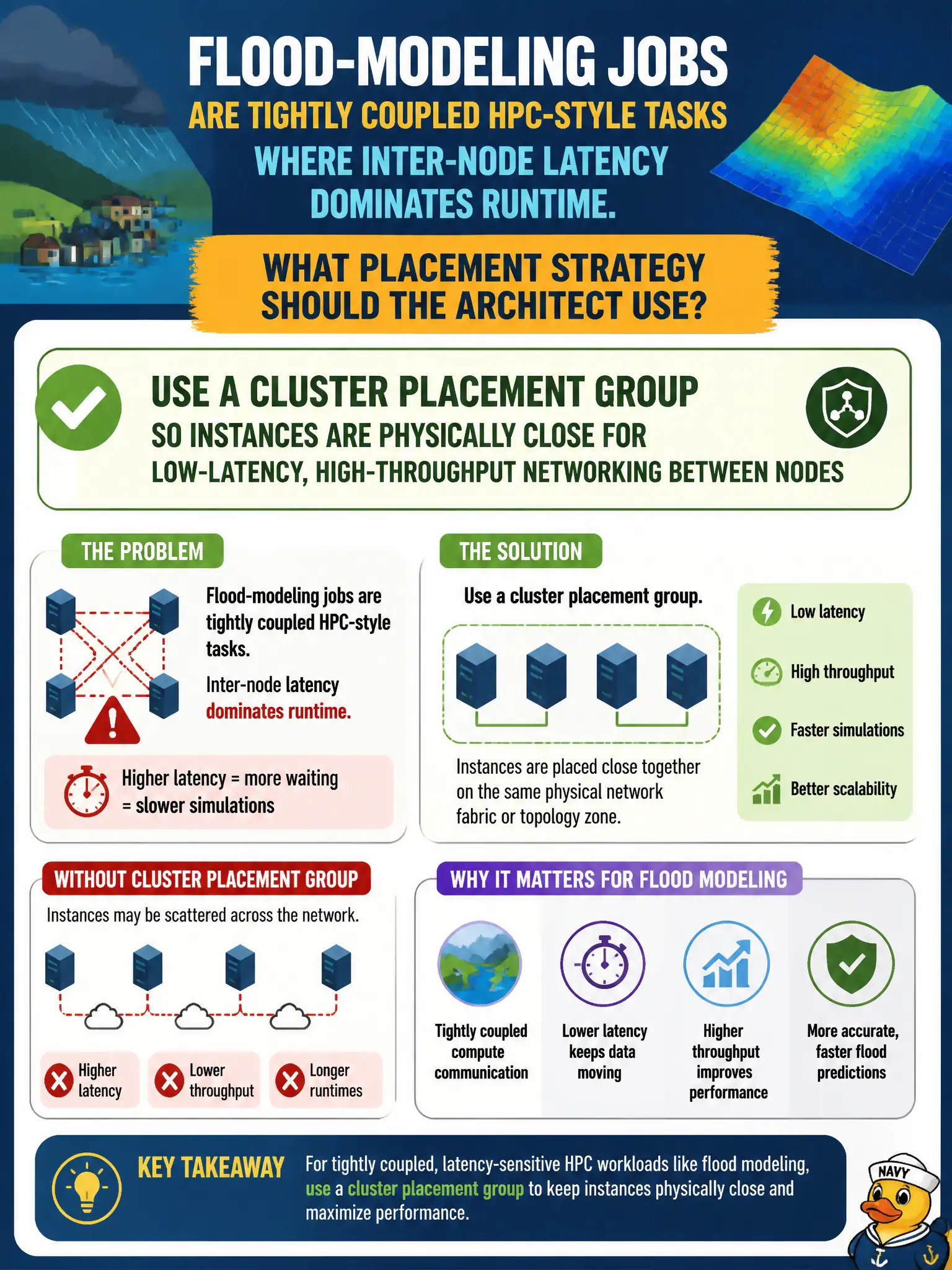 To Create an exciting colorful infographic that explains the concepts in the question: Question: Flood-modeling jobs are tightly coupled HPC-style tasks where inter-node latency dominates runtime. What placement strategy should the architect use? Correct Answer: Use a cluster placement group so instances are physically close for low-latency, high-throughput networking between nodes Put EVERY visible label in double quotes. No people. No A/B/C/D letters. In one of the four corners put a little "Navy Duck".