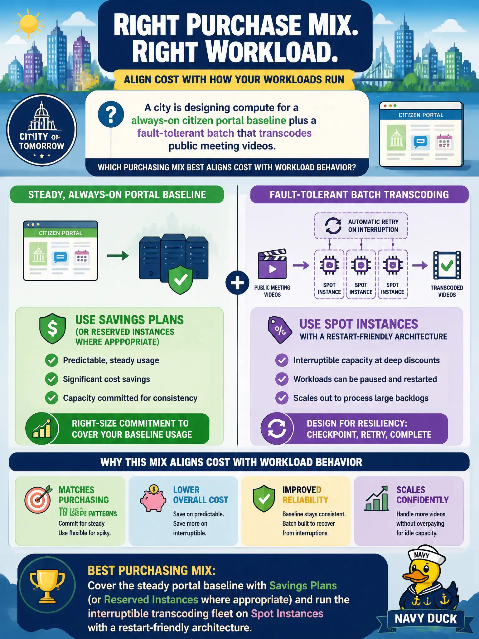 To Create an exciting colorful infographic that explains the concepts in the question: Question: A city is designing compute for a always-on citizen portal baseline plus a fault-tolerant batch that transcodes public meeting videos. Which purchasing mix best aligns cost with workload behavior? Correct Answer: Cover the steady portal baseline with Savings Plans (or Reserved Instances where appropriate) and run the interruptible transcoding fleet on Spot Instances with a restart-friendly architecture. Put EVERY visible label in double quotes. No people. No A/B/C/D letters. In one of the four corners put a little "Navy Duck".