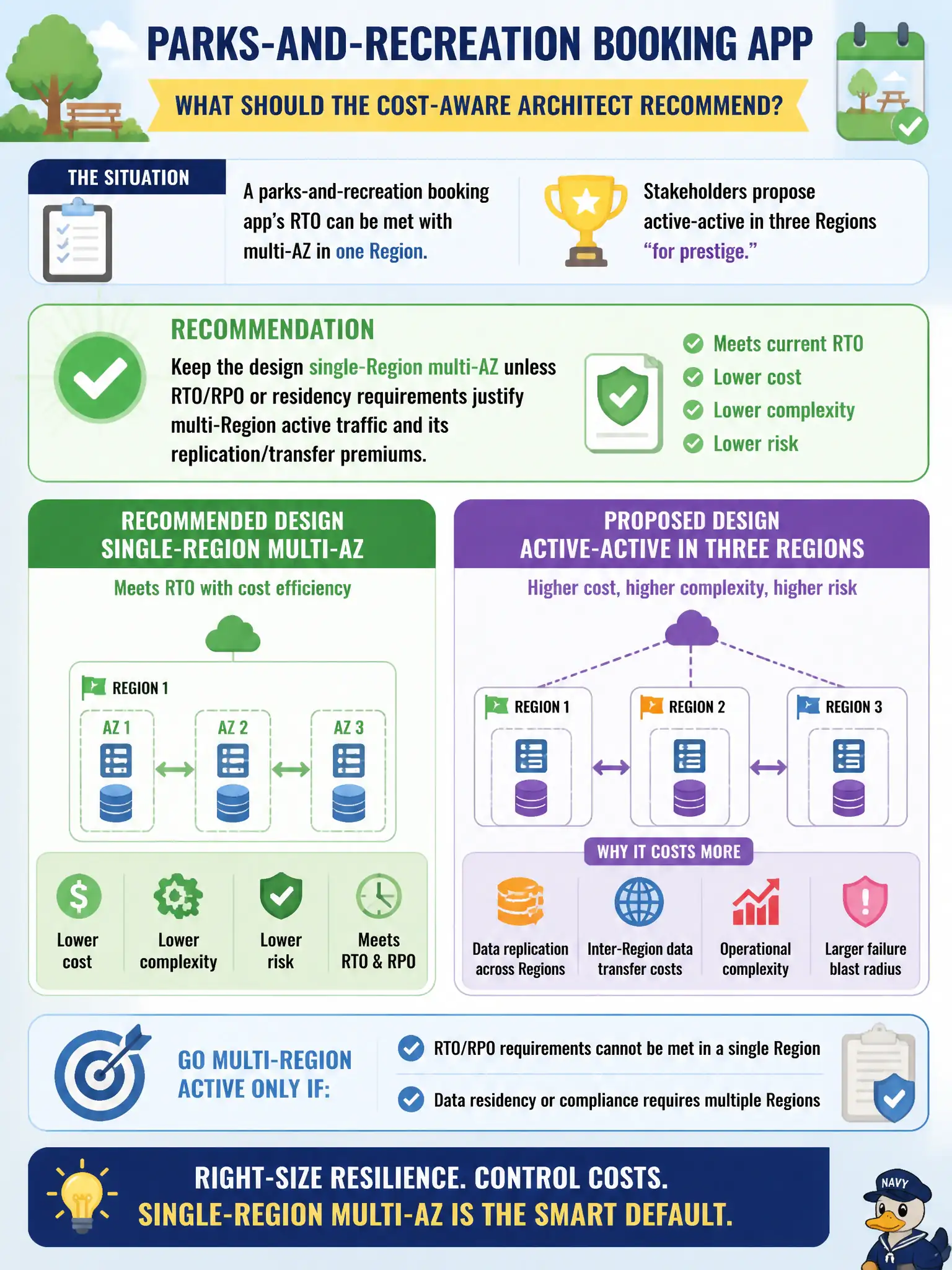 To Create an exciting colorful infographic that explains the concepts in the question: Question: A parks-and-recreation booking app’s RTO can be met with multi-AZ in one Region. Stakeholders propose active-active in three Regions “for prestige.” What should the cost-aware architect recommend? Correct Answer: Keep the design single-Region multi-AZ unless RTO/RPO or residency requirements justify multi-Region active traffic and its replication/transfer premiums. Put EVERY visible label in double quotes. No people. No A/B/C/D letters. In one of the four corners put a little "Navy Duck".