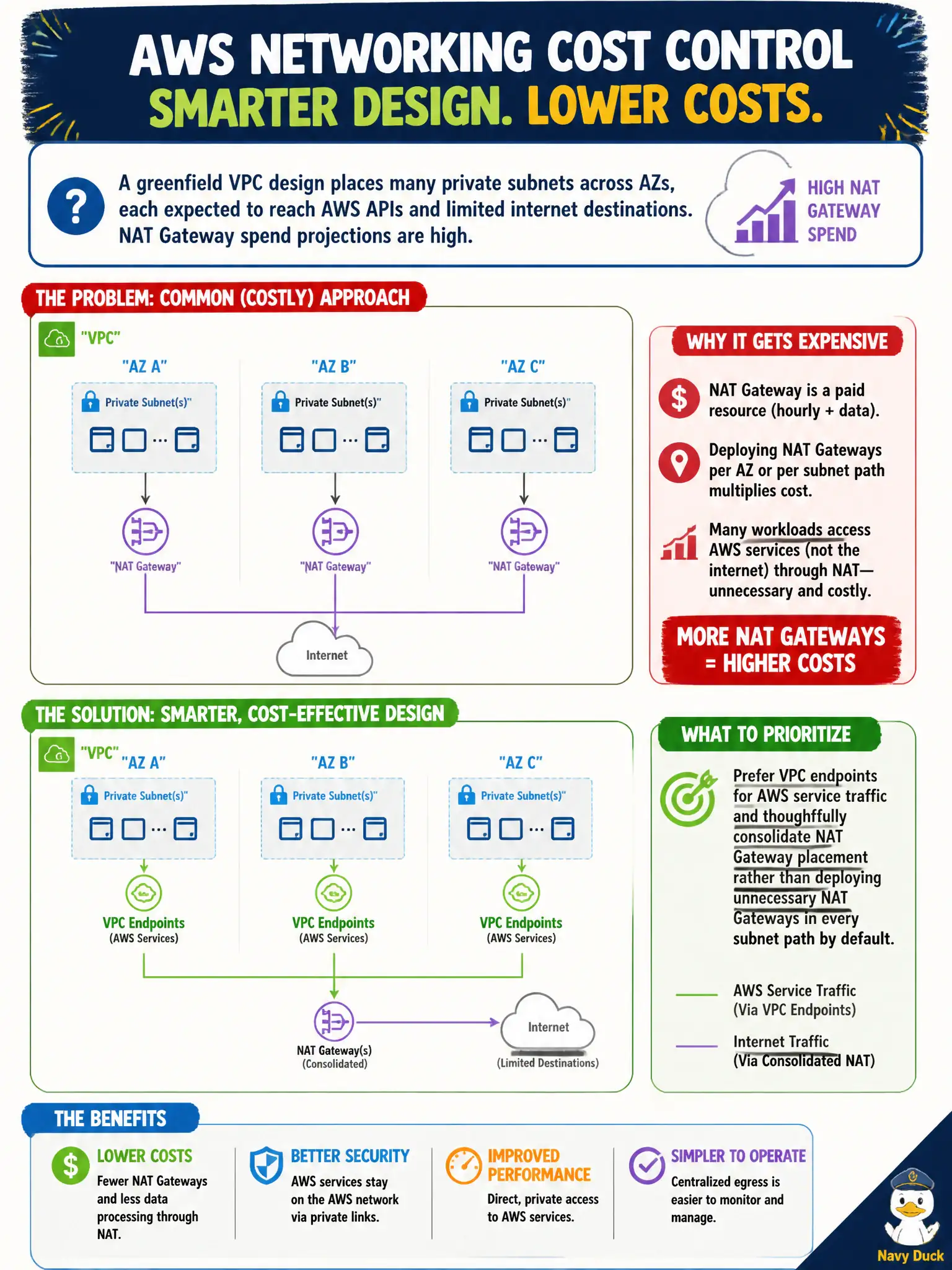 To Create an exciting colorful infographic that explains the concepts in the question: Question: A greenfield VPC design places many private subnets across AZs, each expected to reach AWS APIs and limited internet destinations. NAT Gateway spend projections are high. What networking cost control should architects prioritize? Correct Answer: Prefer VPC endpoints for AWS service traffic and thoughtfully consolidate NAT Gateway placement rather than deploying unnecessary NAT Gateways in every subnet path by default. Put EVERY visible label in double quotes. No people. No A/B/C/D letters. In one of the four corners put a little "Navy Duck".