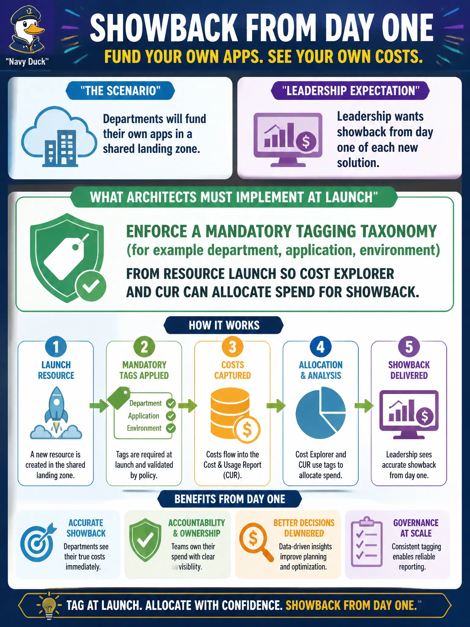 To Create an exciting colorful infographic that explains the concepts in the question: Question: Departments will fund their own apps in a shared landing zone. Leadership wants showback from day one of each new solution. What must architects implement at launch? Correct Answer: Enforce a mandatory tagging taxonomy (for example department, application, environment) from resource launch so Cost Explorer and CUR can allocate spend for showback. Put EVERY visible label in double quotes. No people. No A/B/C/D letters. In one of the four corners put a little "Navy Duck".