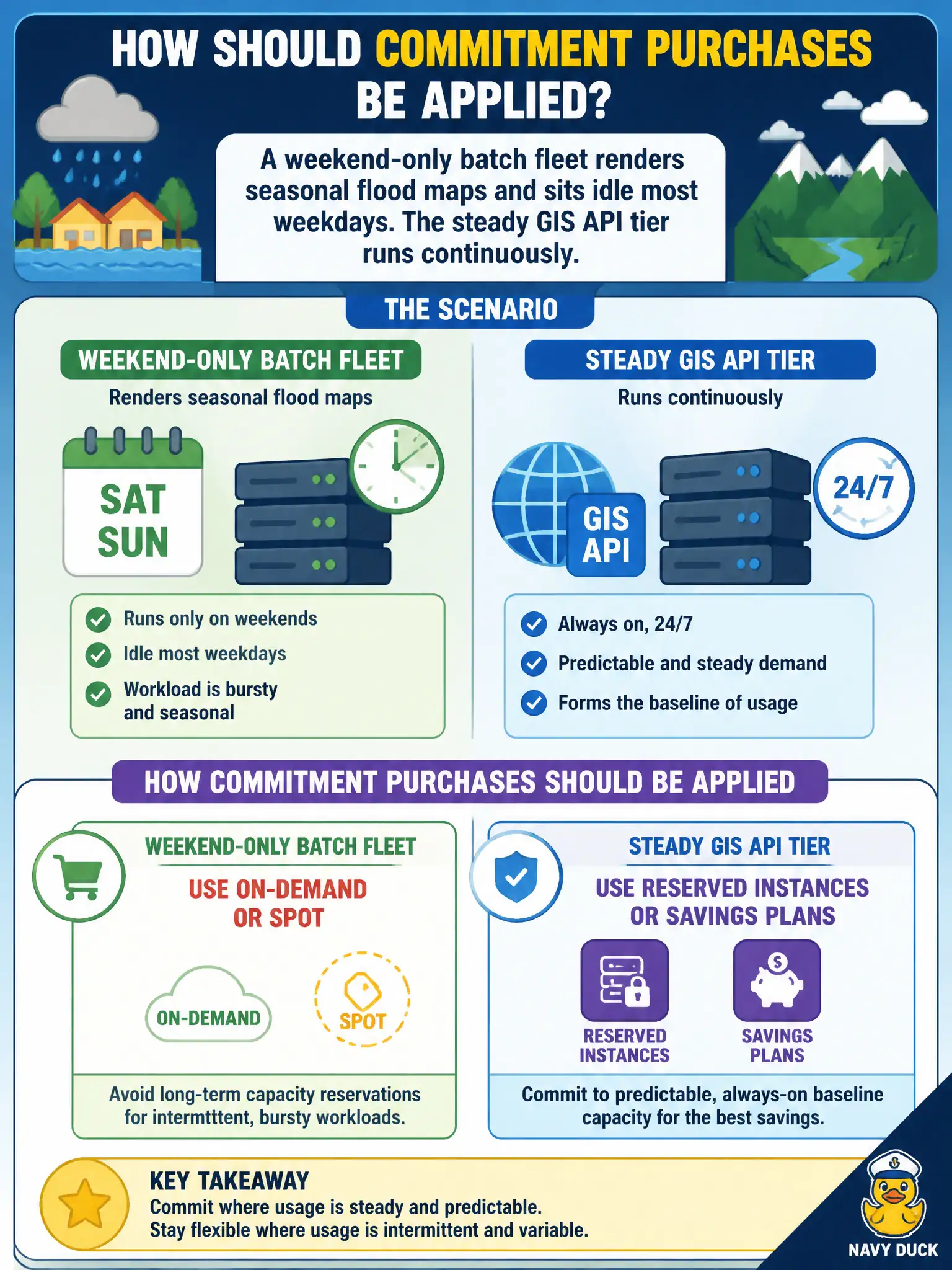 To Create an exciting colorful infographic that explains the concepts in the question: Question: A weekend-only batch fleet renders seasonal flood maps and sits idle most weekdays. The steady GIS API tier runs continuously. How should commitment purchases be applied? Correct Answer: Purchase Reserved Instances or Savings Plans for the predictable always-on GIS API baseline; keep the weekend-only batch fleet on On-Demand or Spot rather than long-term capacity reservations. Put EVERY visible label in double quotes. No people. No A/B/C/D letters. In one of the four corners put a little "Navy Duck".