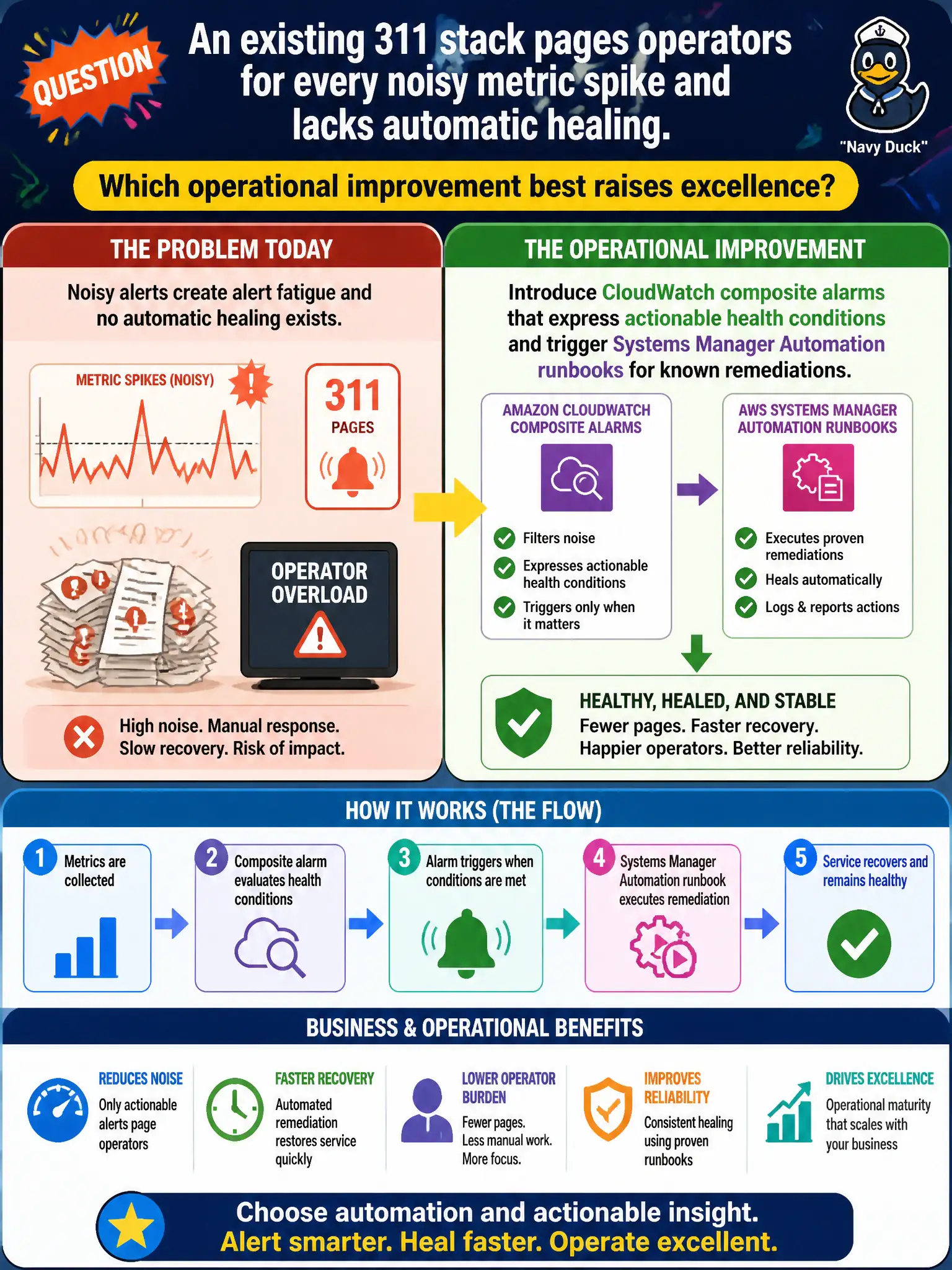 To Create an exciting colorful infographic that explains the concepts in the question: Question: An existing 311 stack pages operators for every noisy metric spike and lacks automatic healing. Which operational improvement best raises excellence? Correct Answer: Introduce CloudWatch composite alarms that express actionable health conditions and trigger Systems Manager Automation runbooks for known remediations. Put EVERY visible label in double quotes. No people. No A/B/C/D letters. In one of the four corners put a little "Navy Duck".