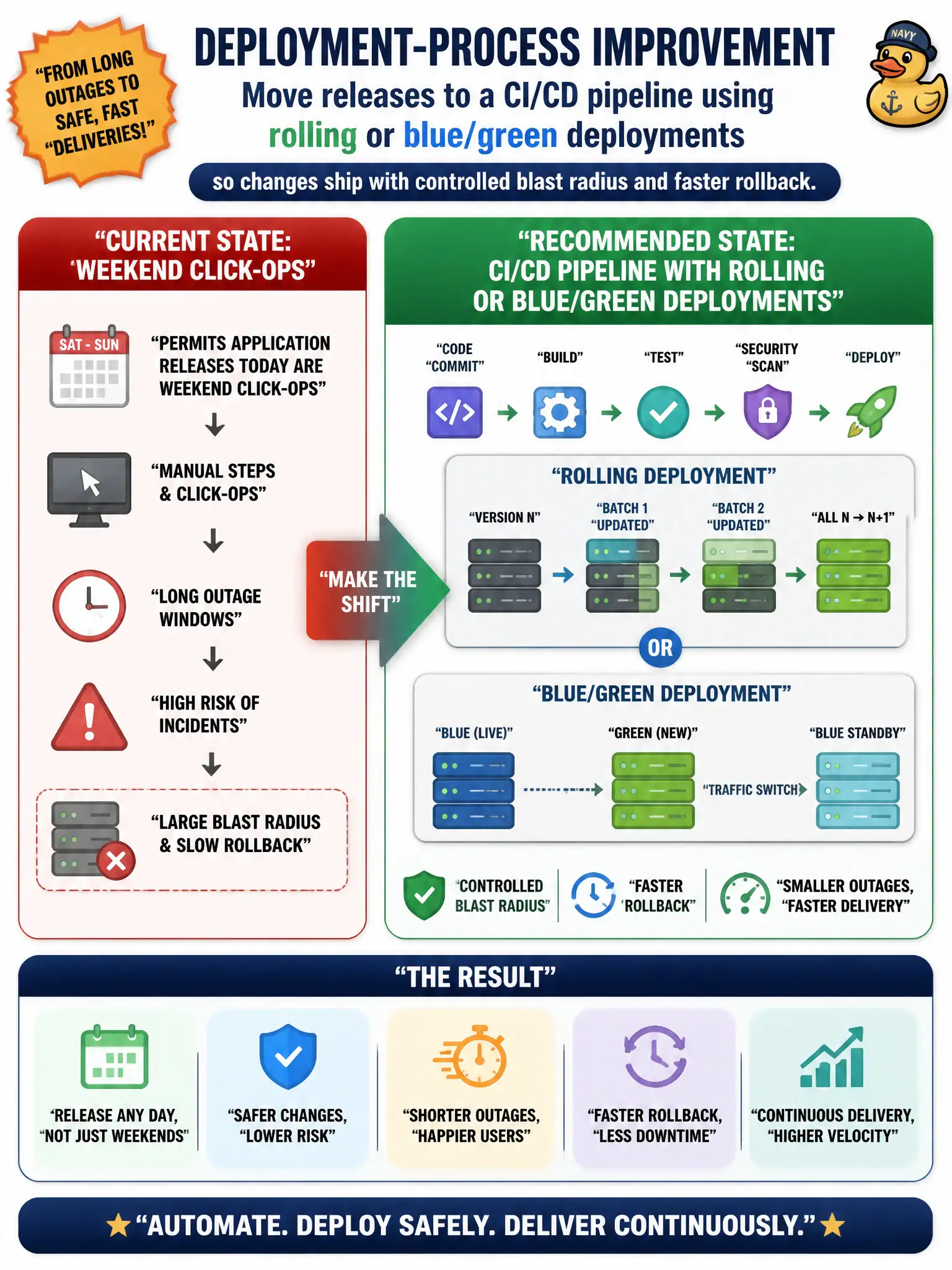 To Create an exciting colorful infographic that explains the concepts in the question: Question: Permits application releases today are weekend click-ops with long outage windows. Which deployment-process improvement should the team adopt? Correct Answer: Move releases to a CI/CD pipeline using rolling or blue/green deployments so changes ship with controlled blast radius and faster rollback. Put EVERY visible label in double quotes. No people. No A/B/C/D letters. In one of the four corners put a little "Navy Duck".