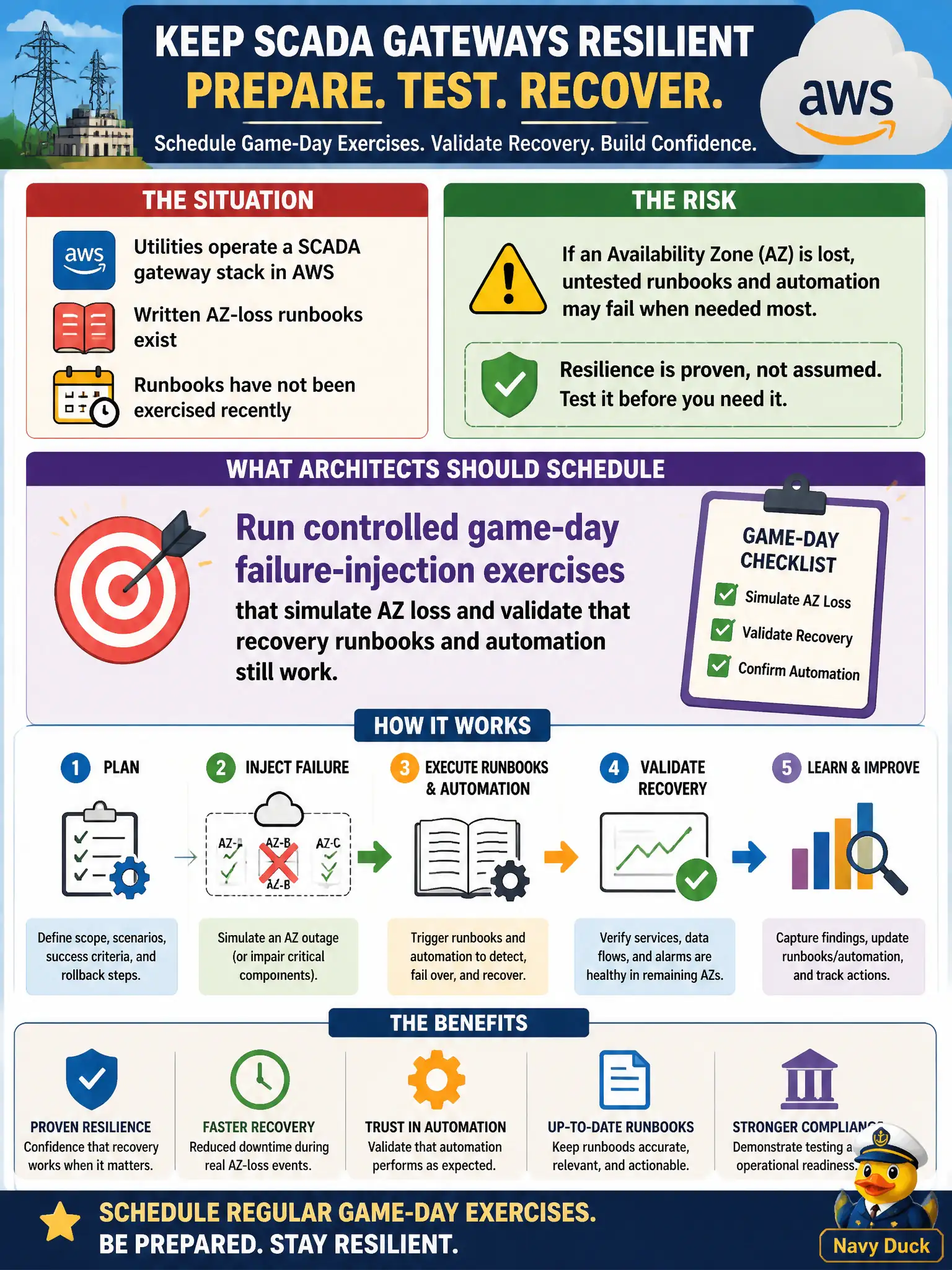 To Create an exciting colorful infographic that explains the concepts in the question: Question: Utilities operate a SCADA gateway stack in AWS with written AZ-loss runbooks that have not been exercised recently. What should architects schedule? Correct Answer: Run controlled game-day failure-injection exercises that simulate AZ loss and validate that recovery runbooks and automation still work. Put EVERY visible label in double quotes. No people. No A/B/C/D letters. In one of the four corners put a little "Navy Duck".