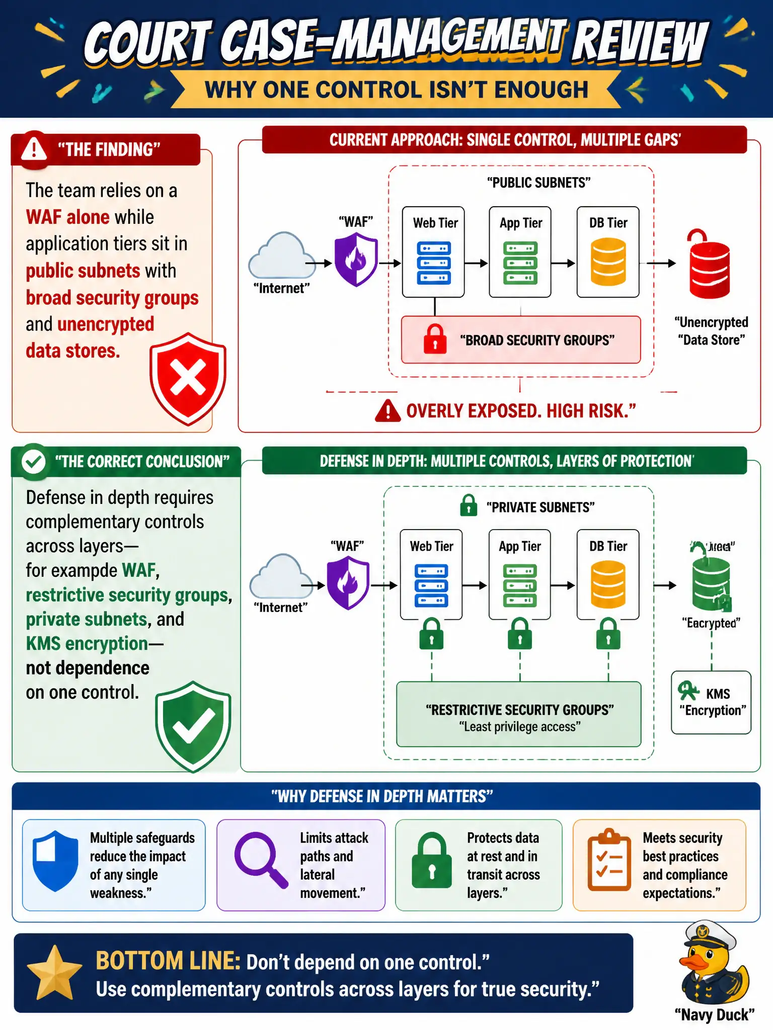To Create an exciting colorful infographic that explains the concepts in the question: Question: A courts case-management review finds the team relies on a WAF alone while application tiers sit in public subnets with broad security groups and unencrypted data stores. Which conclusion is correct? Correct Answer: Defense in depth requires complementary controls across layers—for example WAF, restrictive security groups, private subnets, and KMS encryption—not dependence on one control. Put EVERY visible label in double quotes. No people. No A/B/C/D letters. In one of the four corners put a little "Navy Duck".