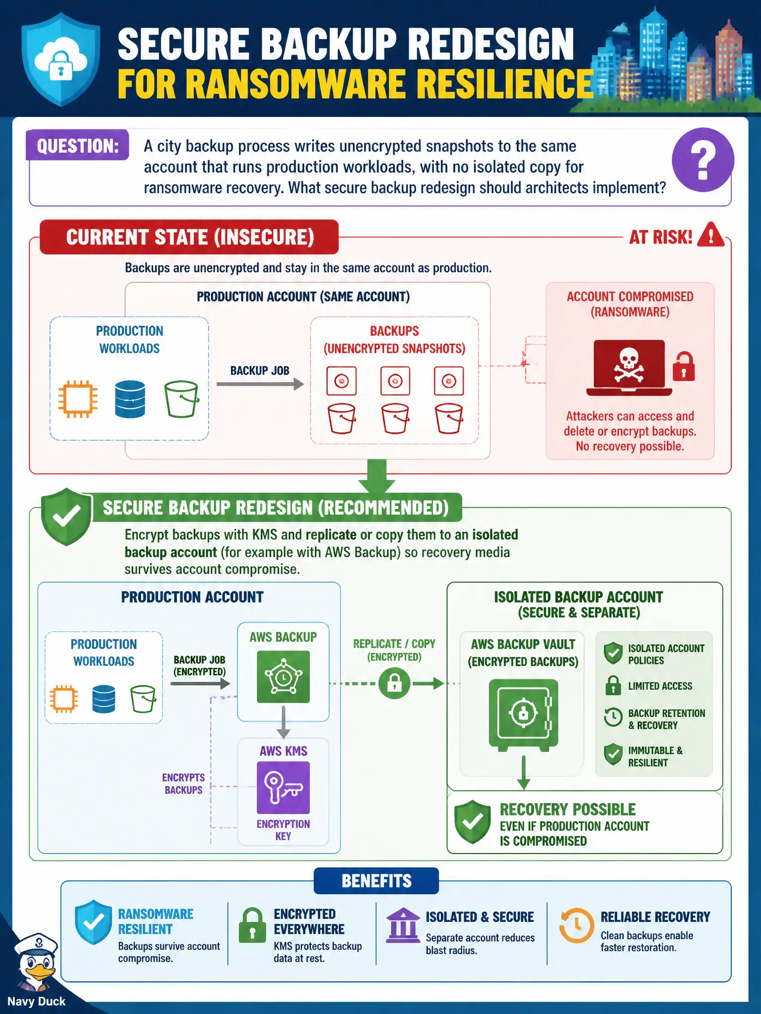 To Create an exciting colorful infographic that explains the concepts in the question: Question: A city backup process writes unencrypted snapshots to the same account that runs production workloads, with no isolated copy for ransomware recovery. What secure backup redesign should architects implement? Correct Answer: Encrypt backups with KMS and replicate or copy them to an isolated backup account (for example with AWS Backup) so recovery media survives account compromise. Put EVERY visible label in double quotes. No people. No A/B/C/D letters. In one of the four corners put a little "Navy Duck".