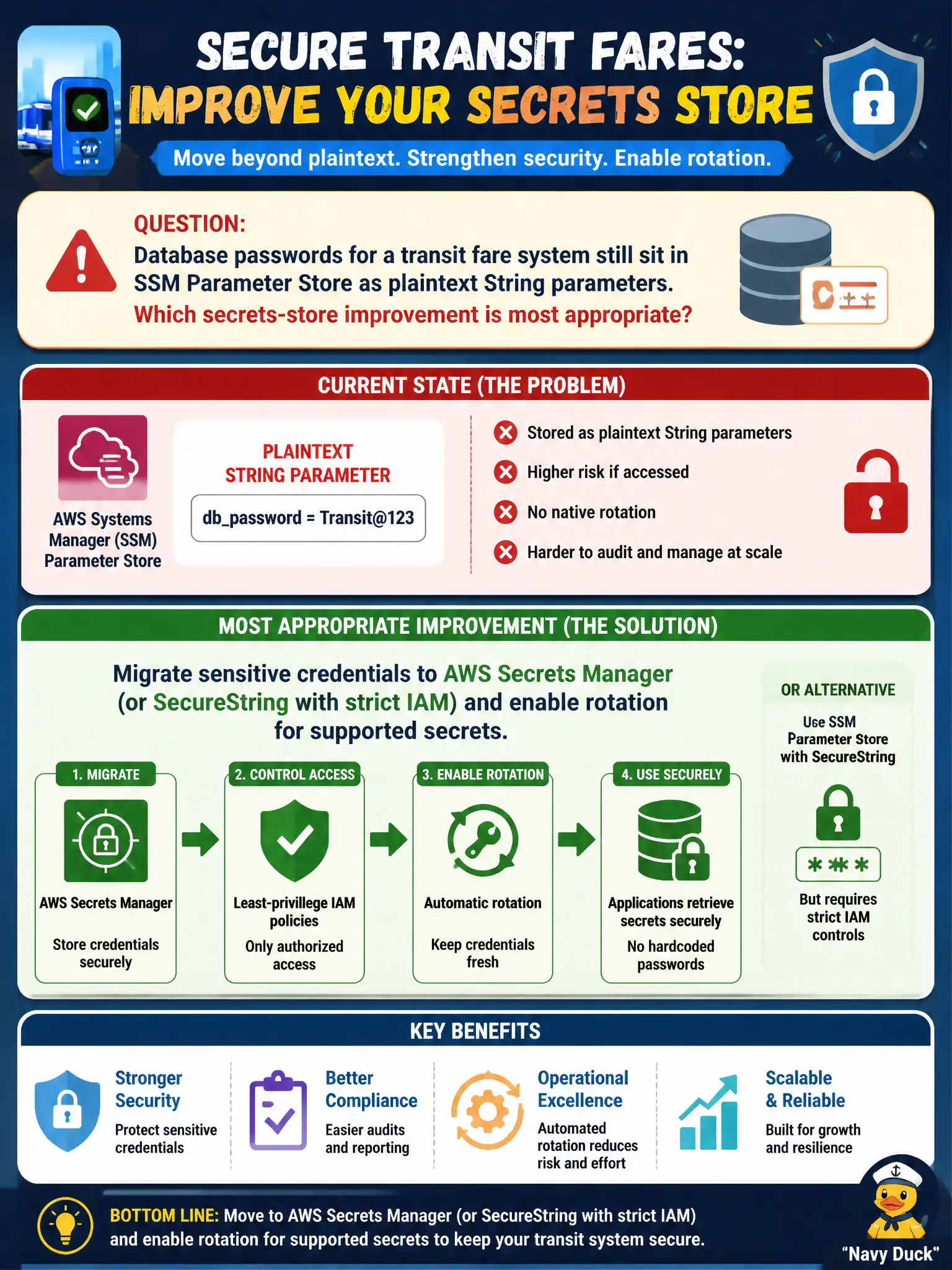 To Create an exciting colorful infographic that explains the concepts in the question: Question: Database passwords for a transit fare system still sit in SSM Parameter Store as plaintext String parameters. Which secrets-store improvement is most appropriate? Correct Answer: Migrate sensitive credentials to AWS Secrets Manager (or SecureString with strict IAM) and enable rotation for supported secrets. Put EVERY visible label in double quotes. No people. No A/B/C/D letters. In one of the four corners put a little "Navy Duck".