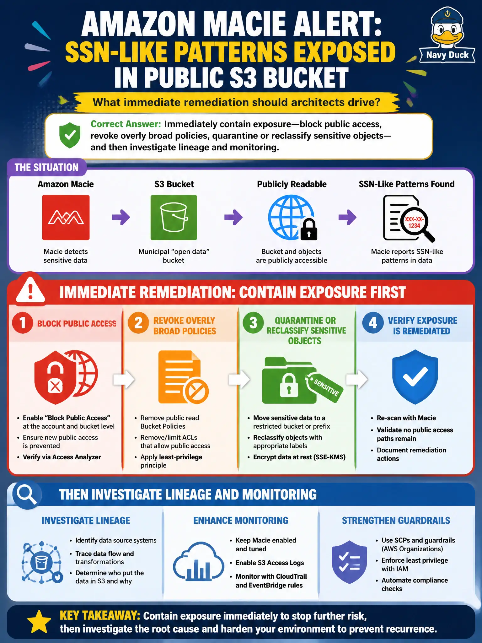 To Create an exciting colorful infographic that explains the concepts in the question: Question: Amazon Macie reports SSN-like patterns in a municipal 'open data' S3 bucket that is publicly readable. What immediate remediation should architects drive? Correct Answer: Immediately contain exposure—block public access, revoke overly broad policies, quarantine or reclassify sensitive objects—and then investigate lineage and monitoring. Put EVERY visible label in double quotes. No people. No A/B/C/D letters. In one of the four corners put a little "Navy Duck".
