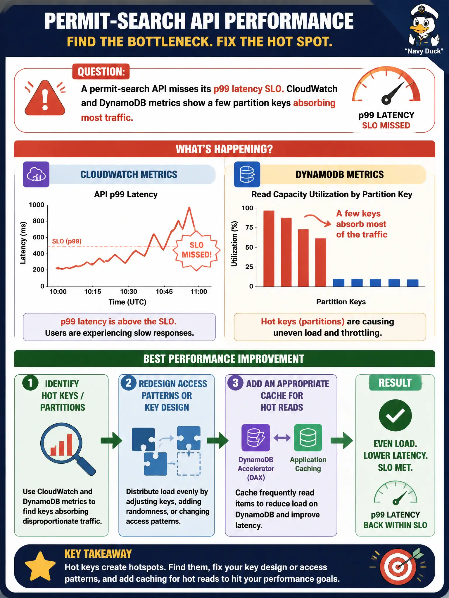 To Create an exciting colorful infographic that explains the concepts in the question: Question: A permit-search API misses its p99 latency SLO. CloudWatch and DynamoDB metrics show a few partition keys absorbing most traffic. Which performance improvement best addresses the bottleneck? Correct Answer: Identify hot keys/partitions, redesign access patterns or key design as needed, and add an appropriate cache (for example DynamoDB Accelerator or application caching) for hot reads. Put EVERY visible label in double quotes. No people. No A/B/C/D letters. In one of the four corners put a little "Navy Duck".