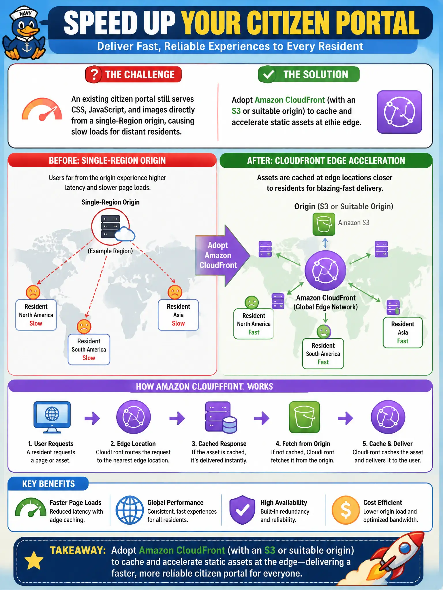 To Create an exciting colorful infographic that explains the concepts in the question: Question: An existing citizen portal still serves CSS, JavaScript, and images directly from a single-Region origin, causing slow loads for distant residents. Which managed performance adoption should architects propose? Correct Answer: Adopt Amazon CloudFront (with an S3 or suitable origin) to cache and accelerate static assets at the edge. Put EVERY visible label in double quotes. No people. No A/B/C/D letters. In one of the four corners put a little "Navy Duck".