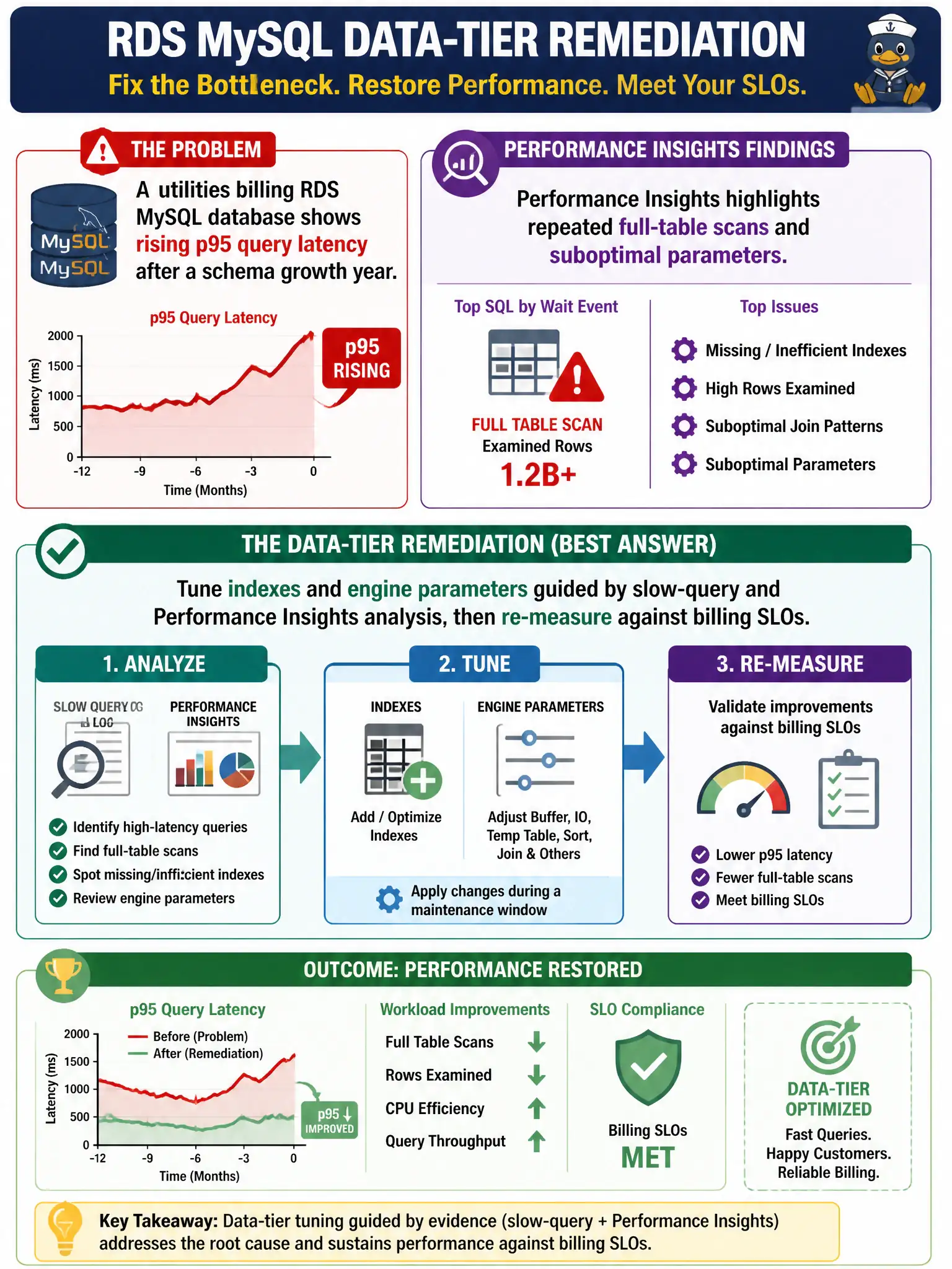 To Create an exciting colorful infographic that explains the concepts in the question: Question: A utilities billing RDS MySQL database shows rising p95 query latency after a schema growth year. Performance Insights highlights repeated full-table scans and suboptimal parameters. Which data-tier remediation best addresses the bottleneck? Correct Answer: Tune indexes and engine parameters guided by slow-query and Performance Insights analysis, then re-measure against billing SLOs Put EVERY visible label in double quotes. No people. No A/B/C/D letters. In one of the four corners put a little "Navy Duck".