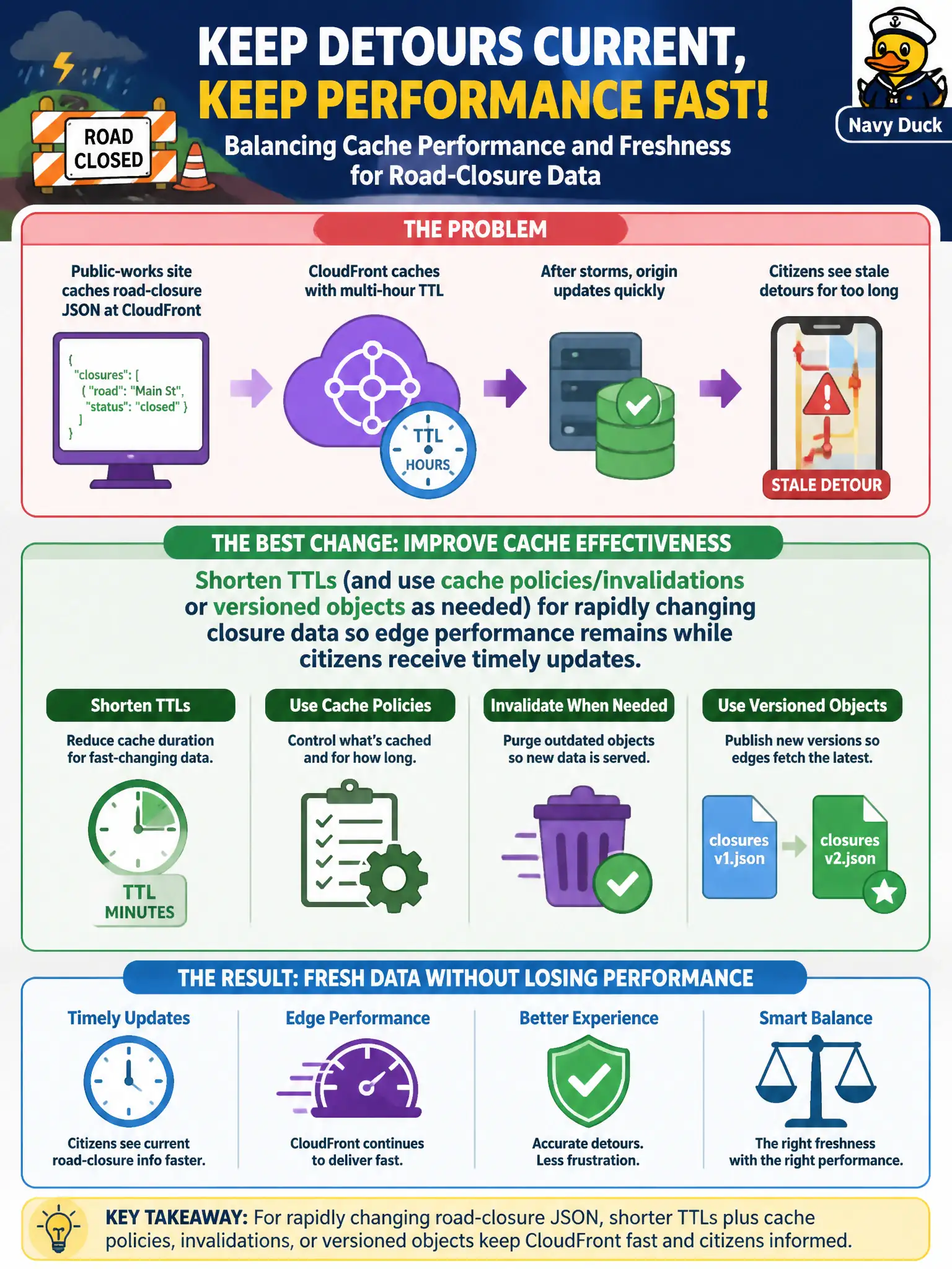 To Create an exciting colorful infographic that explains the concepts in the question: Question: A public-works status site caches road-closure JSON at CloudFront with a multi-hour TTL. After storms, citizens see stale detours for too long even though origin updates quickly. Which cache-effectiveness change best balances performance and freshness? Correct Answer: Shorten TTLs (and use cache policies/invalidations or versioned objects as needed) for rapidly changing closure data so edge performance remains while citizens receive timely updates Put EVERY visible label in double quotes. No people. No A/B/C/D letters. In one of the four corners put a little "Navy Duck".