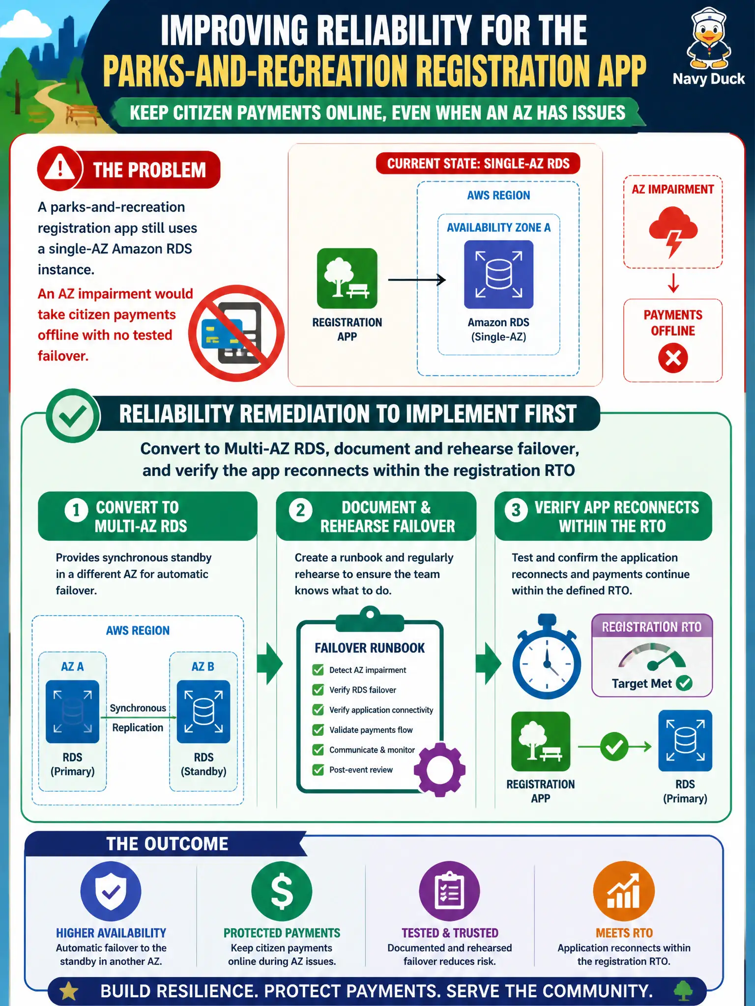 To Create an exciting colorful infographic that explains the concepts in the question: Question: A parks-and-recreation registration app still uses a single-AZ Amazon RDS instance. An AZ impairment would take citizen payments offline with no tested failover. Which reliability remediation should the team implement first? Correct Answer: Convert to Multi-AZ RDS, document and rehearse failover, and verify the app reconnects within the registration RTO Put EVERY visible label in double quotes. No people. No A/B/C/D letters. In one of the four corners put a little "Navy Duck".