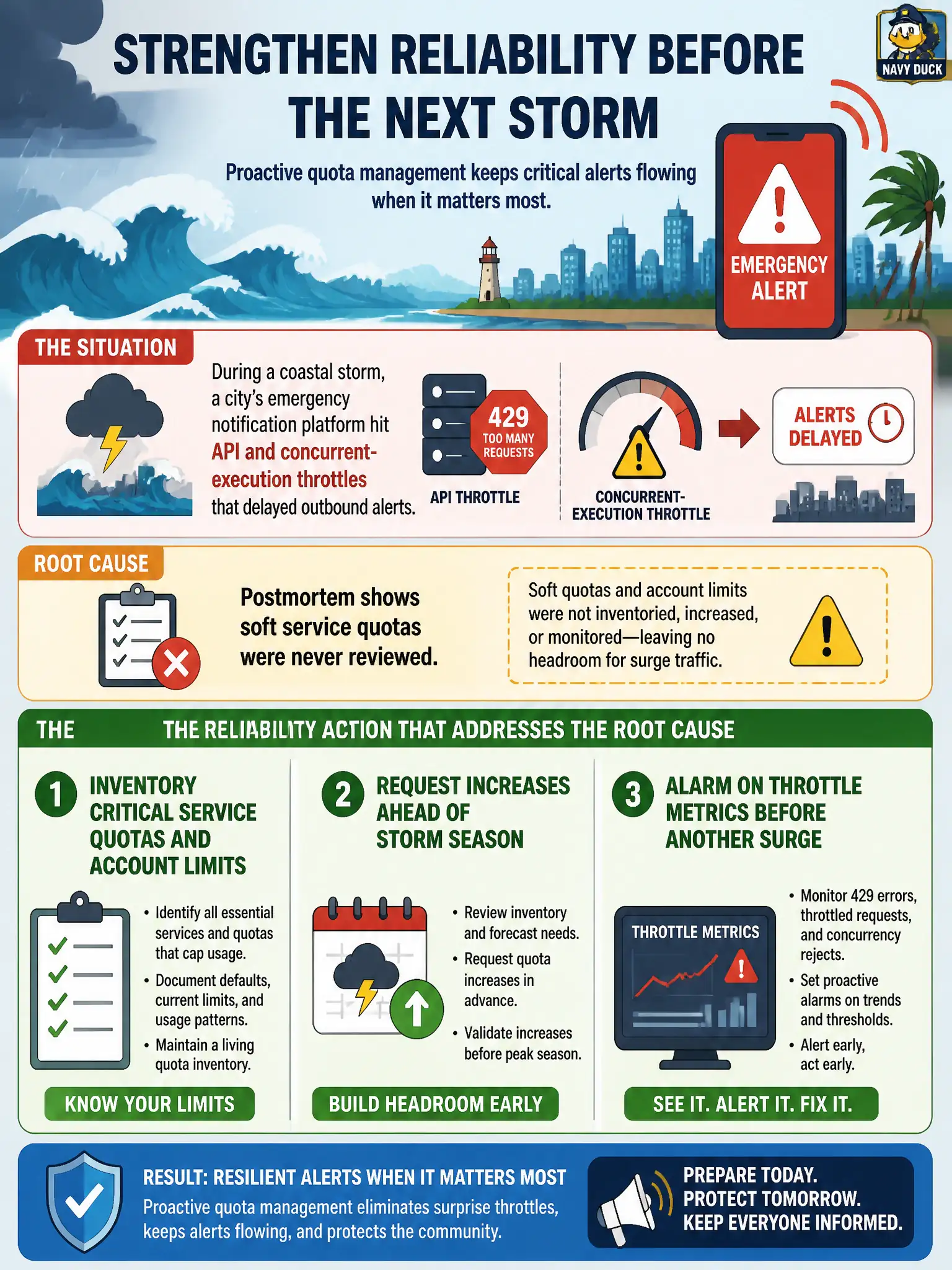 To Create an exciting colorful infographic that explains the concepts in the question: Question: During a coastal storm, a city’s emergency notification platform hit API and concurrent-execution throttles that delayed outbound alerts. Postmortem shows soft service quotas were never reviewed. Which reliability action best addresses the root cause? Correct Answer: Inventory critical service quotas and account limits, request increases ahead of storm season, and alarm on throttle metrics before another surge Put EVERY visible label in double quotes. No people. No A/B/C/D letters. In one of the four corners put a little "Navy Duck".