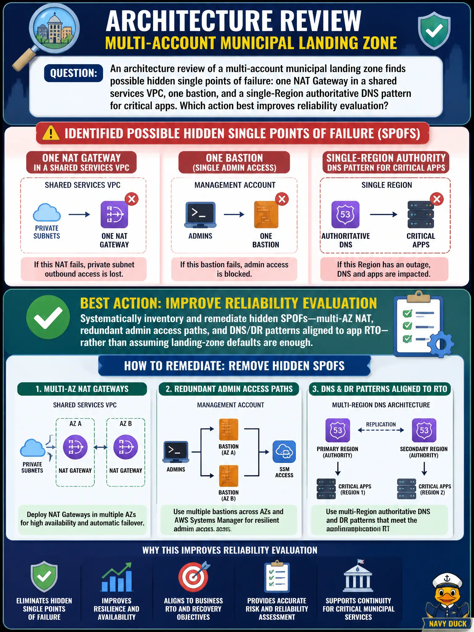 To Create an exciting colorful infographic that explains the concepts in the question: Question: An architecture review of a multi-account municipal landing zone finds possible hidden single points of failure: one NAT Gateway in a shared services VPC, one bastion, and a single-Region authoritative DNS pattern for critical apps. Which action best improves reliability evaluation? Correct Answer: Systematically inventory and remediate hidden SPOFs—multi-AZ NAT, redundant admin access paths, and DNS/DR patterns aligned to app RTO—rather than assuming landing-zone defaults are enough Put EVERY visible label in double quotes. No people. No A/B/C/D letters. In one of the four corners put a little "Navy Duck".