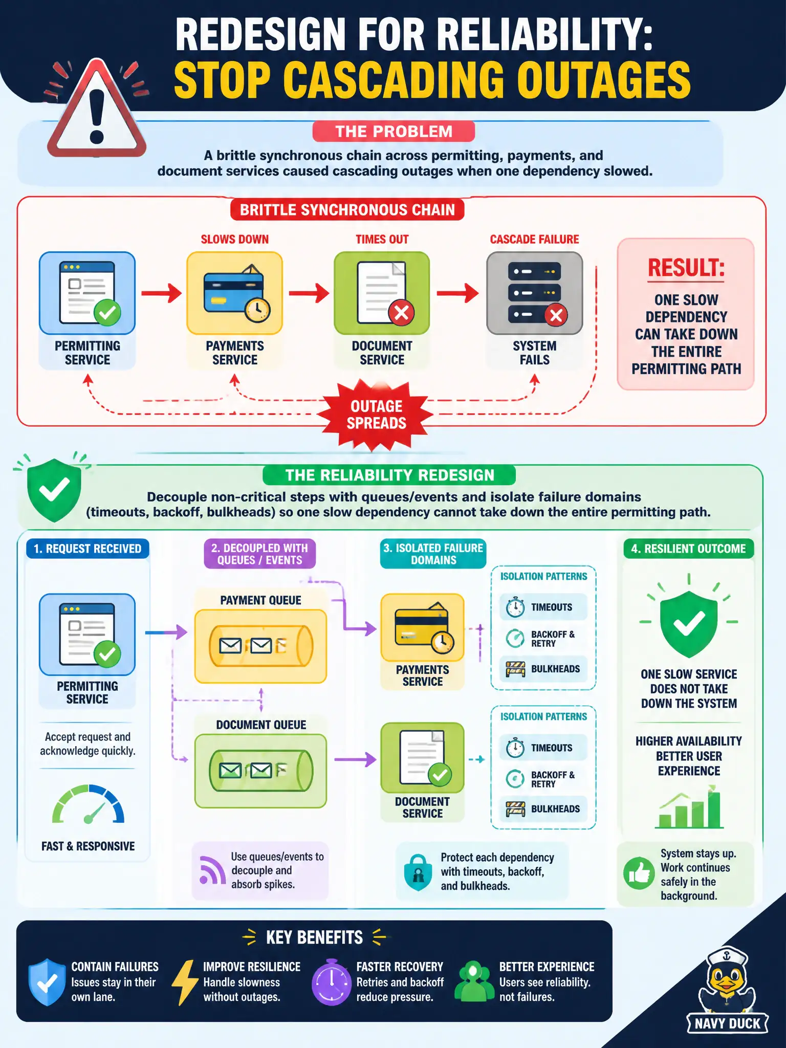 To Create an exciting colorful infographic that explains the concepts in the question: Question: A brittle synchronous chain across permitting, payments, and document services caused cascading outages when one dependency slowed. Which reliability redesign best reduces cascade risk? Correct Answer: Decouple non-critical steps with queues/events and isolate failure domains (timeouts, backoff, bulkheads) so one slow dependency cannot take down the entire permitting path Put EVERY visible label in double quotes. No people. No A/B/C/D letters. In one of the four corners put a little "Navy Duck".