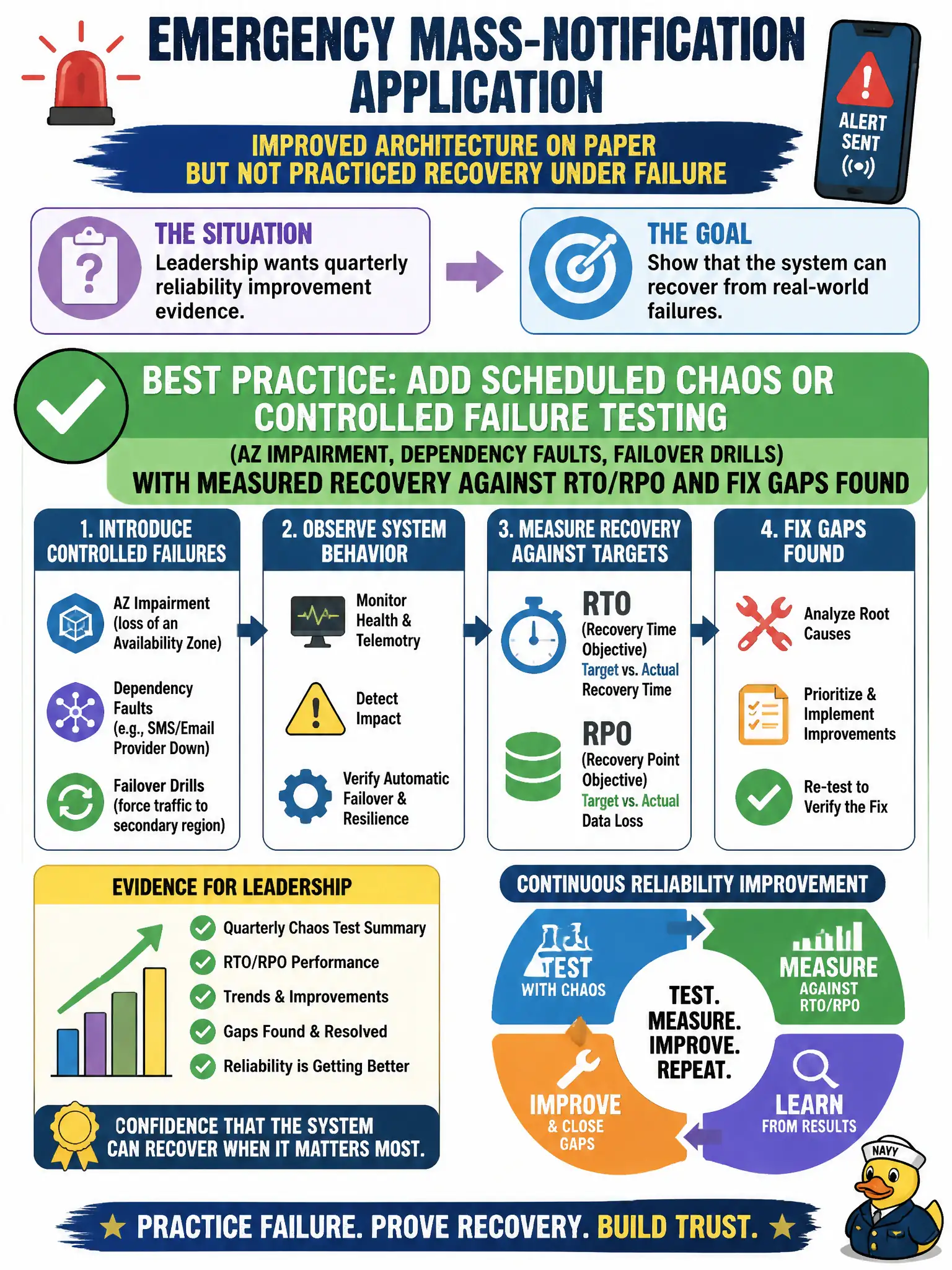 To Create an exciting colorful infographic that explains the concepts in the question: Question: An emergency mass-notification application improved architecture on paper but has not practiced recovery under failure. Leadership wants quarterly reliability improvement evidence. Which practice best exercises recovery? Correct Answer: Add scheduled chaos or controlled failure testing (AZ impairment, dependency faults, failover drills) with measured recovery against RTO/RPO and fix gaps found Put EVERY visible label in double quotes. No people. No A/B/C/D letters. In one of the four corners put a little "Navy Duck".