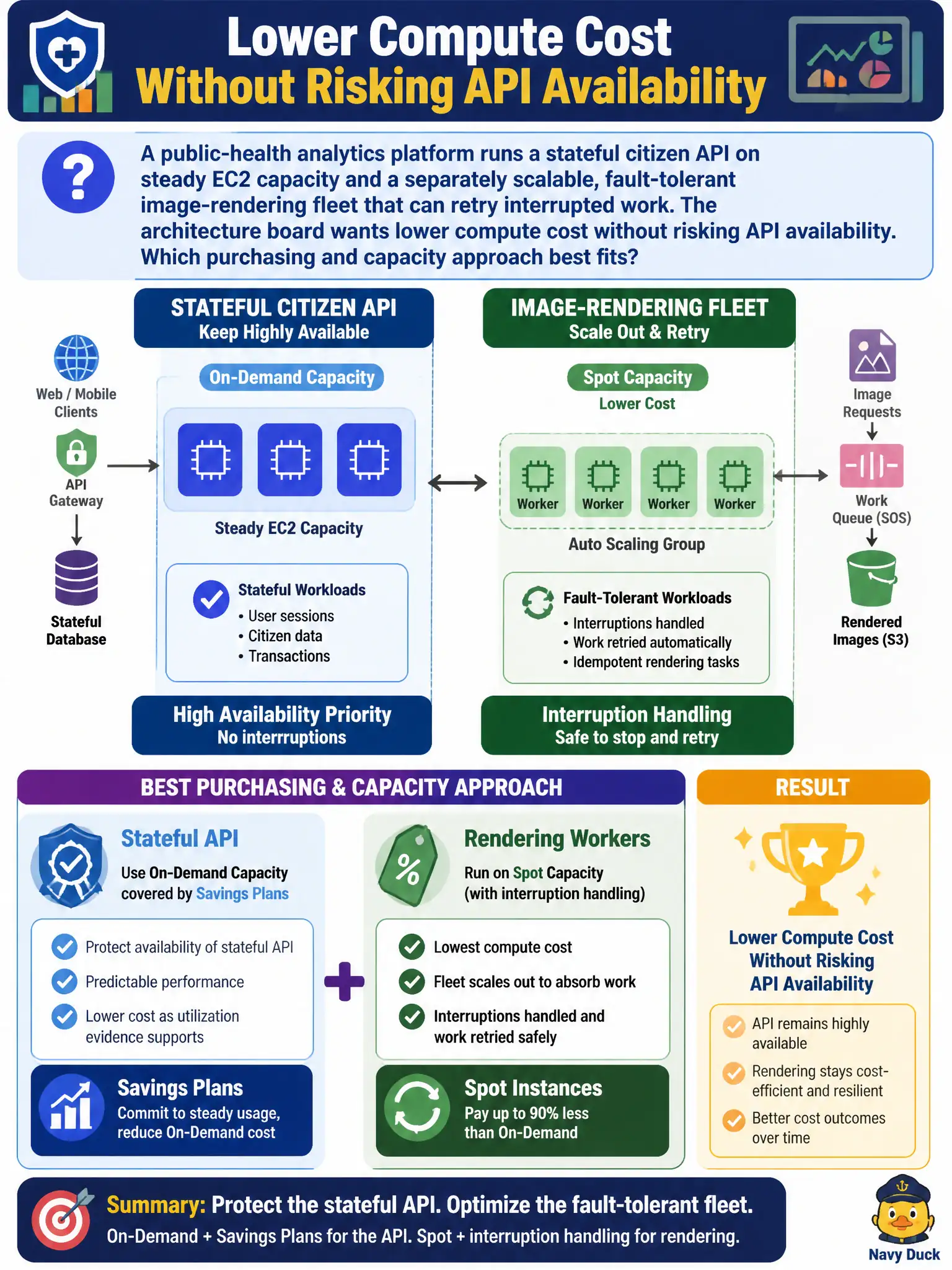 To Create an exciting colorful infographic that explains the concepts in the question: Question: A public-health analytics platform runs a stateful citizen API on steady EC2 capacity and a separately scalable, fault-tolerant image-rendering fleet that can retry interrupted work. The architecture board wants lower compute cost without risking API availability. Which purchasing and capacity approach best fits? Correct Answer: Run the fault-tolerant rendering workers on Spot (with interruption handling) and keep the stateful API on on-demand capacity covered by Savings Plans as utilization evidence supports. Put EVERY visible label in double quotes. No people. No A/B/C/D letters. In one of the four corners put a little "Navy Duck".