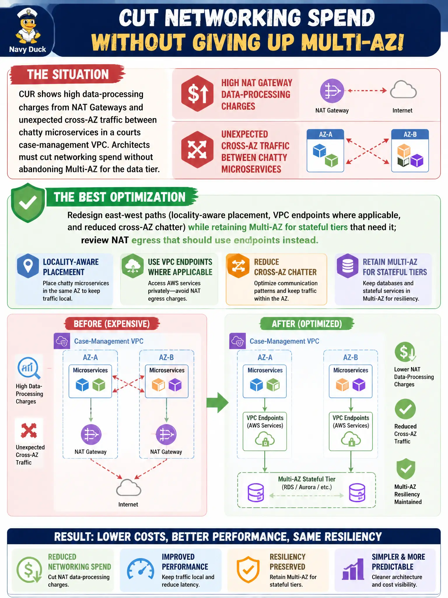 To Create an exciting colorful infographic that explains the concepts in the question: Question: CUR shows high data-processing charges from NAT Gateways and unexpected cross-AZ traffic between chatty microservices in a courts case-management VPC. Architects must cut networking spend without abandoning Multi-AZ for the data tier. Which optimization best addresses the waste? Correct Answer: Redesign east-west paths (locality-aware placement, VPC endpoints where applicable, and reduced cross-AZ chatter) while retaining Multi-AZ for stateful tiers that need it; review NAT egress that should use endpoints instead. Put EVERY visible label in double quotes. No people. No A/B/C/D letters. In one of the four corners put a little "Navy Duck".