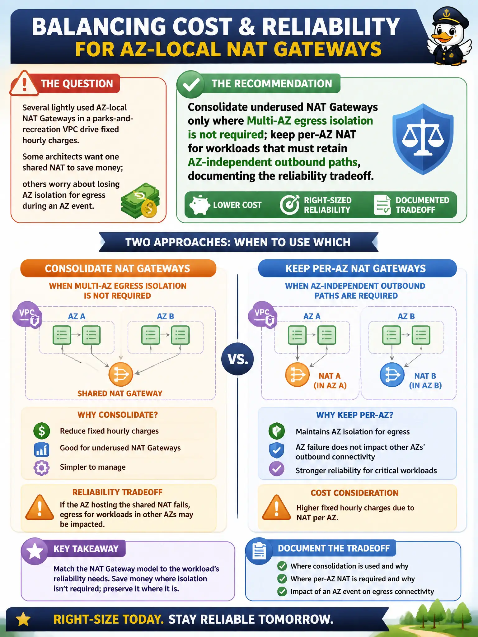To Create an exciting colorful infographic that explains the concepts in the question: Question: Several lightly used AZ-local NAT Gateways in a parks-and-recreation VPC drive fixed hourly charges. Some architects want one shared NAT to save money; others worry about losing AZ isolation for egress during an AZ event. Which recommendation best balances cost and reliability? Correct Answer: Consolidate underused NAT Gateways only where Multi-AZ egress isolation is not required; keep per-AZ NAT for workloads that must retain AZ-independent outbound paths, documenting the reliability tradeoff. Put EVERY visible label in double quotes. No people. No A/B/C/D letters. In one of the four corners put a little "Navy Duck".