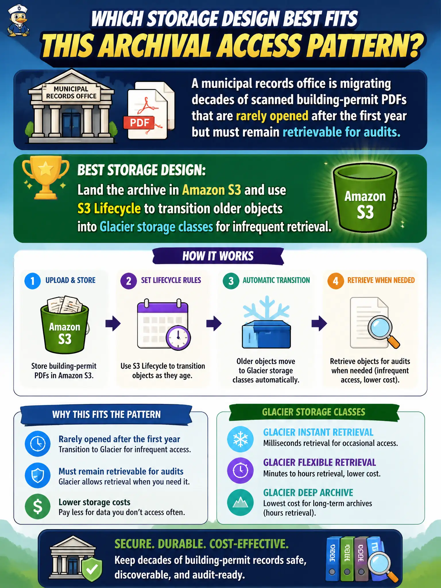 To Create an exciting colorful infographic that explains the concepts in the question: Question: The planning department must archive decades of scanned building-permit PDFs and inspection photos that are rarely retrieved after the first year, while keeping the objects in a multi-account records bucket that legal can restore from without running a database. Which storage architecture should replace on-premises block LUNs? Correct Answer: Store the permit objects in Amazon S3 with lifecycle transitions to Glacier storage classes instead of treating block volumes as the archive Put EVERY visible label in double quotes. No people. No A/B/C/D letters. In one of the four corners put a little "Navy Duck".