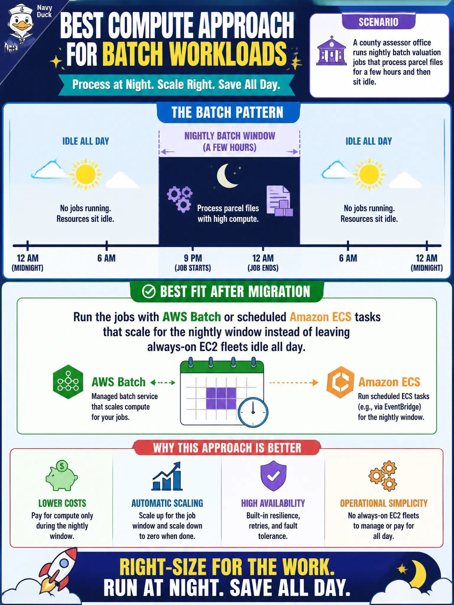 To Create an exciting colorful infographic that explains the concepts in the question: Question: The county assessor office runs a six-hour nightly valuation batch that currently occupies a farm of always-on on-premises servers idle all day. After migration, which compute platform selection best fits that batch shape? Correct Answer: AWS Batch or scheduled Amazon ECS tasks that run the nightly valuation jobs and scale to zero afterward, rather than always-on EC2 Put EVERY visible label in double quotes. No people. No A/B/C/D letters. In one of the four corners put a little "Navy Duck".