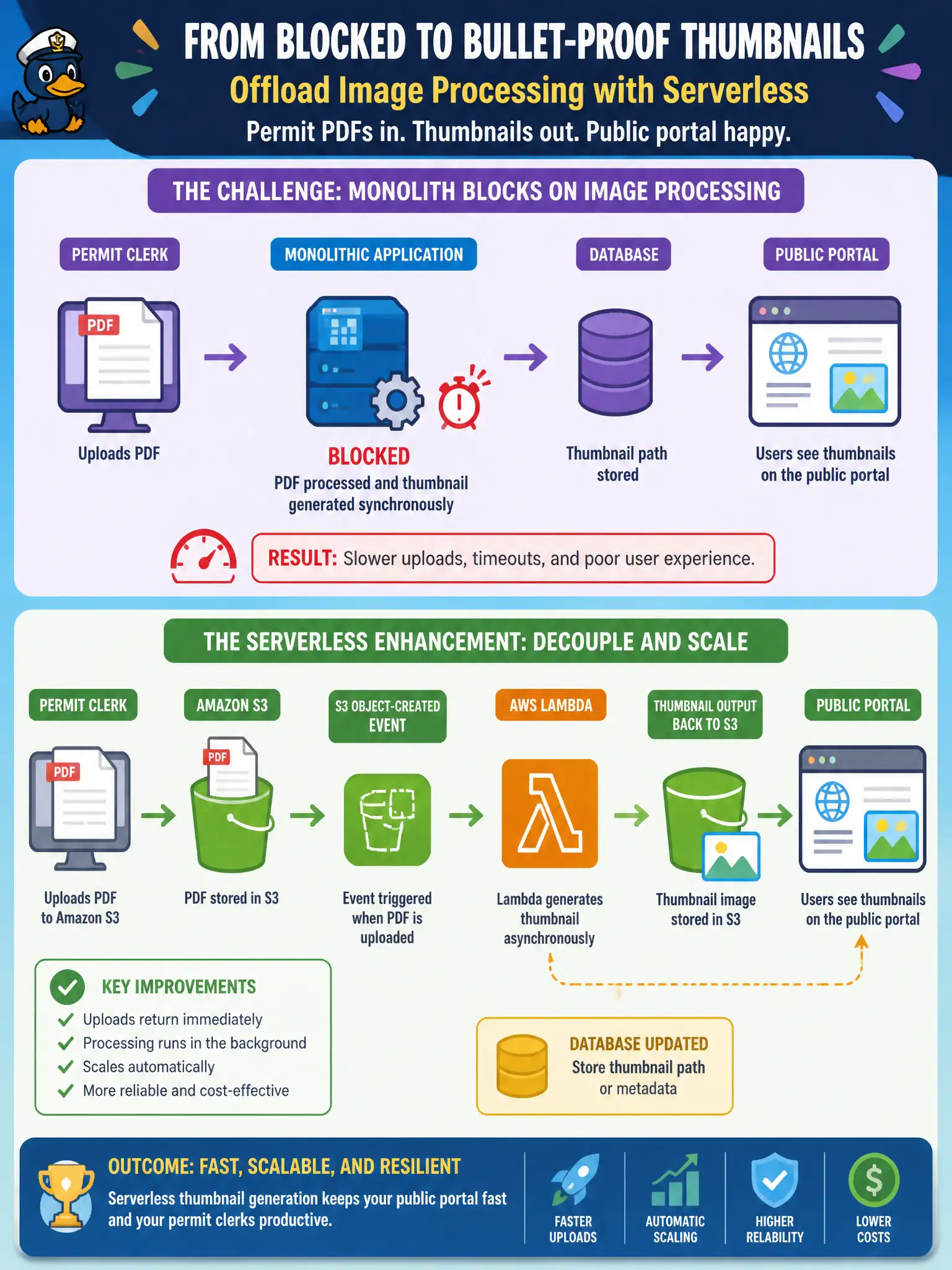 To Create an exciting colorful infographic that explains the concepts in the question: Question: Planning staff upload permit-plan PDFs to a records bucket, and the current monolith blocks the upload thread while it generates thumbnails on an always-on EC2 worker. Which serverless enhancement should architects select? Correct Answer: Extract thumbnail generation to AWS Lambda triggered by Amazon S3 object-created events so uploads are not blocked by image work Put EVERY visible label in double quotes. No people. No A/B/C/D letters. In one of the four corners put a little "Navy Duck".