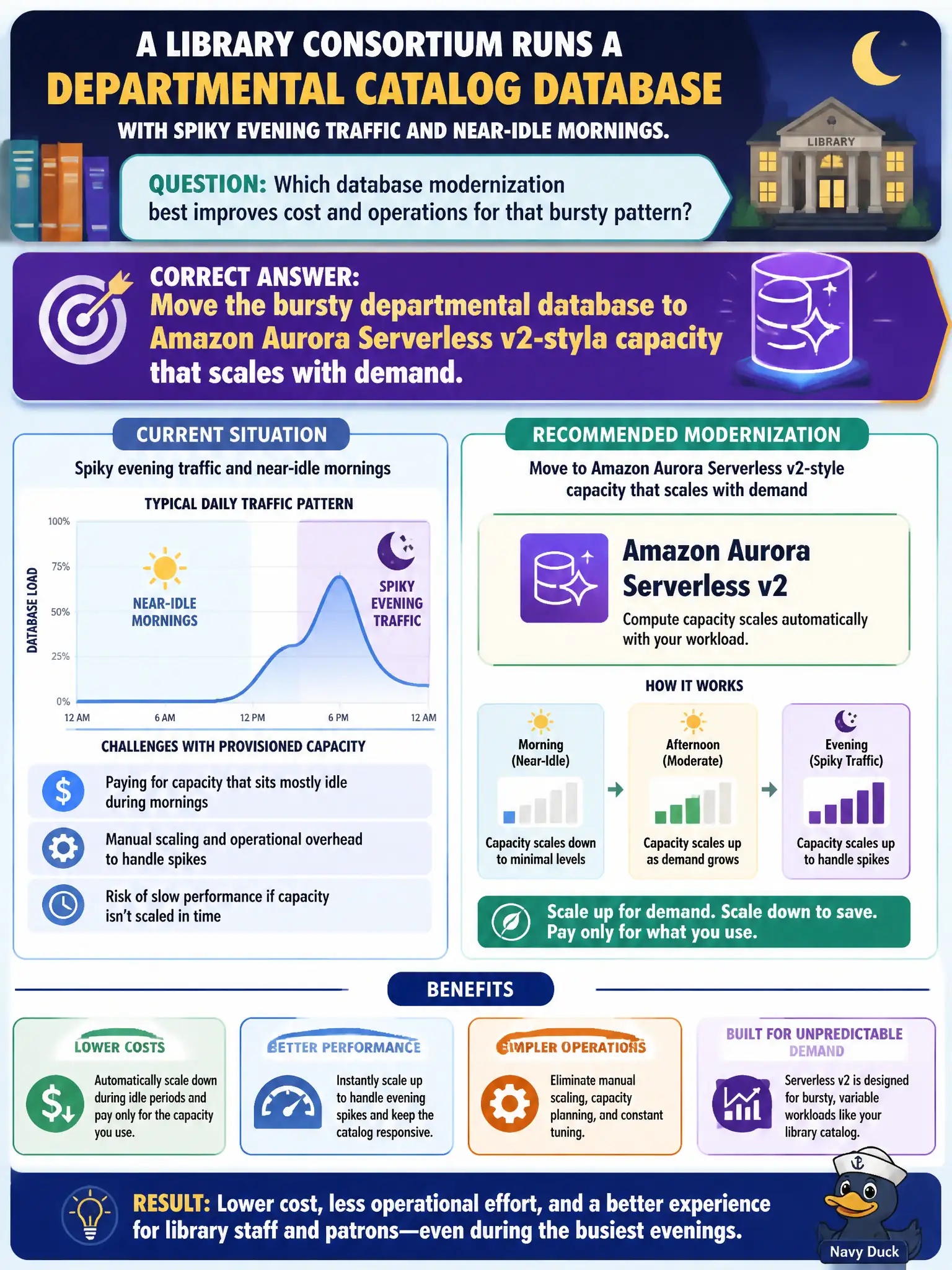 To Create an exciting colorful infographic that explains the concepts in the question: Question: A parks-and-recreation registration database is quiet most of the year and spikes around summer-camp enrollment, currently over-provisioned on a fixed RDS instance in a departmental account. Which purpose-built database modernization fits? Correct Answer: Move the bursty departmental database to Amazon Aurora Serverless v2 so capacity scales with enrollment rather than staying peak-provisioned Put EVERY visible label in double quotes. No people. No A/B/C/D letters. In one of the four corners put a little "Navy Duck".