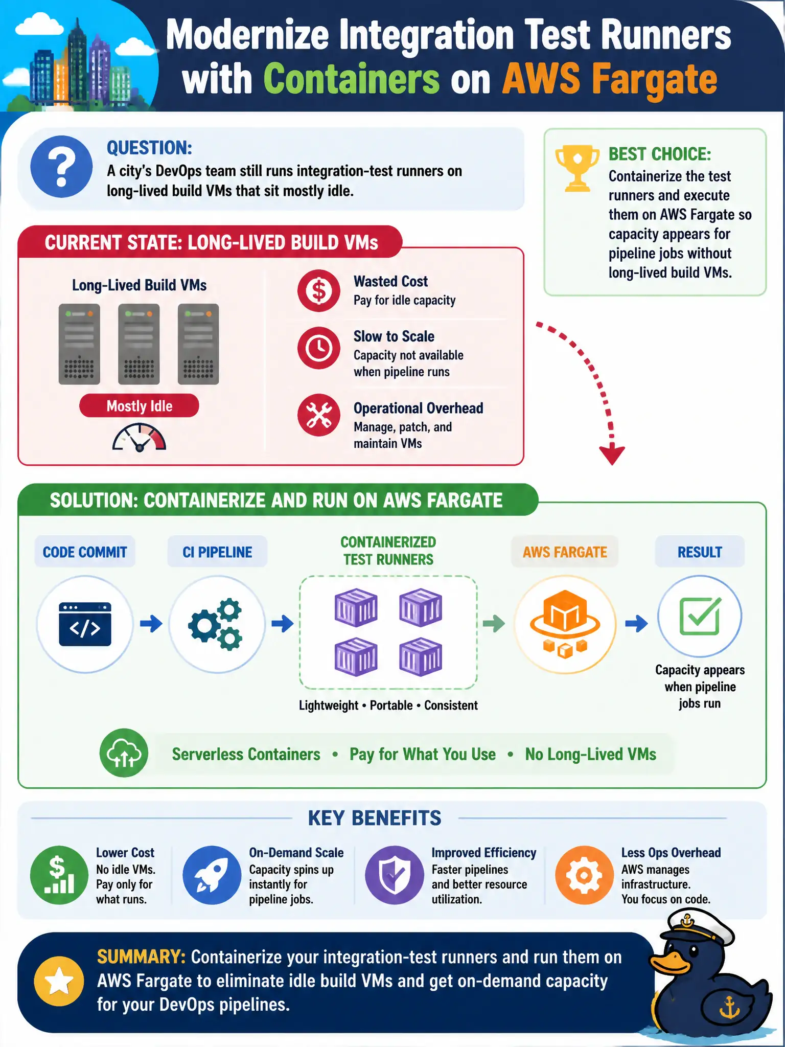 To Create an exciting colorful infographic that explains the concepts in the question: Question: The city's shared DevOps account still runs always-on EC2 build VMs that execute containerized test suites for permitting, GIS, and public-health pipelines, sitting idle between merges. Which container-service modernization should architects select for the test runners? Correct Answer: Run the containerized test runners on AWS Fargate so the pipelines shed long-lived build VMs Put EVERY visible label in double quotes. No people. No A/B/C/D letters. In one of the four corners put a little "Navy Duck".